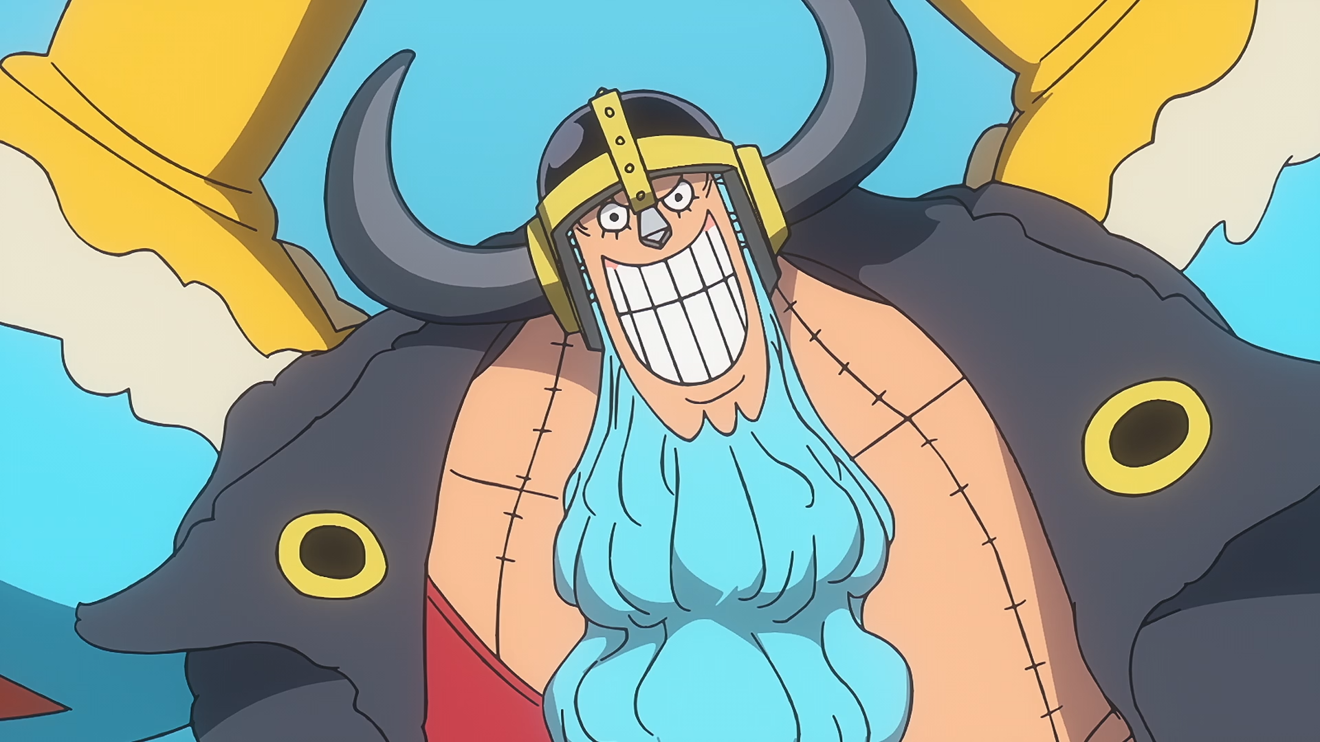 Anime One Piece HD PC desktop wallpaper featuring Franky, a grinning cyborg with blue beard, horned helmet and bulky mechanical shoulders set against a bright sky.