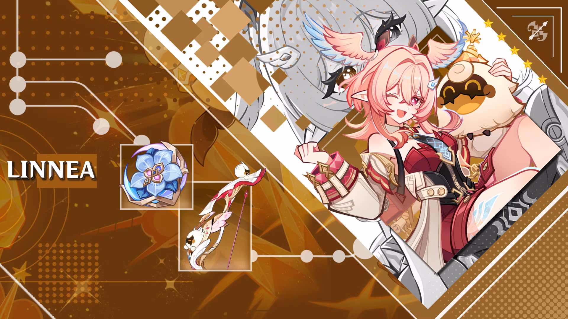 4K Ultra HD PC desktop wallpaper of Linnea from the video game Genshin Impact: pink-haired, fox-eared character in ornate outfit against a stylized golden geometric background.