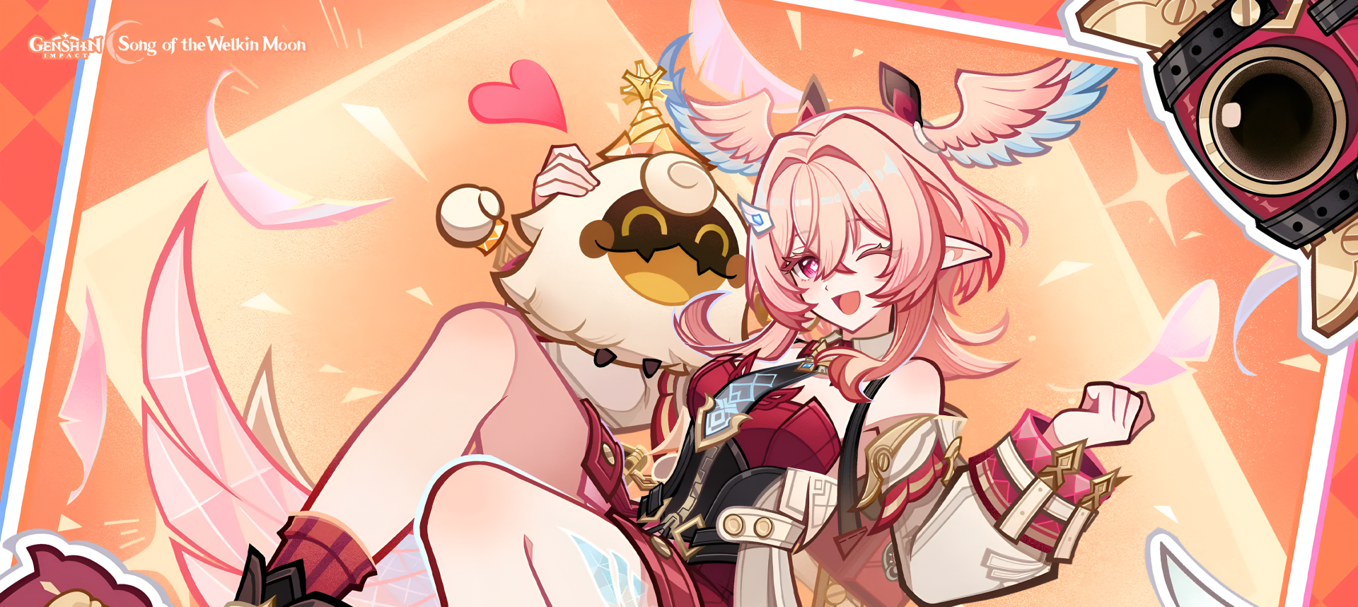 2K Quad HD PC desktop wallpaper of Linnea (Genshin Impact) from the video game, smiling and hugging a round mascot plush amid warm pastel-orange tones and floating hearts.
