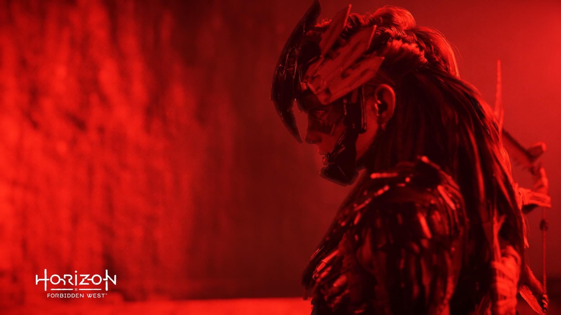 Horizon Forbidden West video game 4K Ultra HD PC desktop wallpaper background: red‑lit armored figure in a horned helmet, side profile against a textured crimson backdrop.
