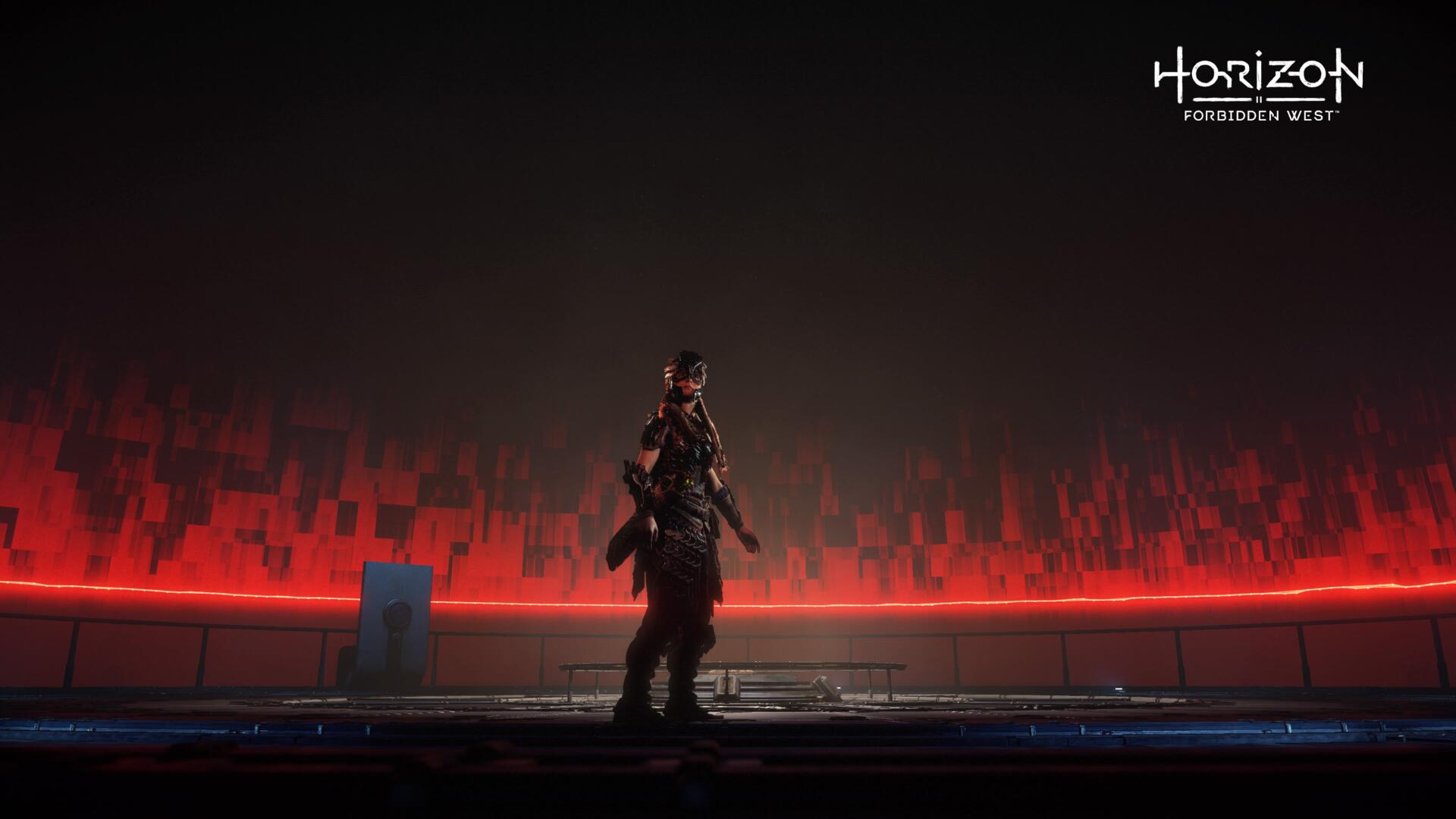 4K Ultra HD PC desktop wallpaper — Horizon Zero Dawn: lone armored hunter silhouetted on a platform against a glowing red cityscape.