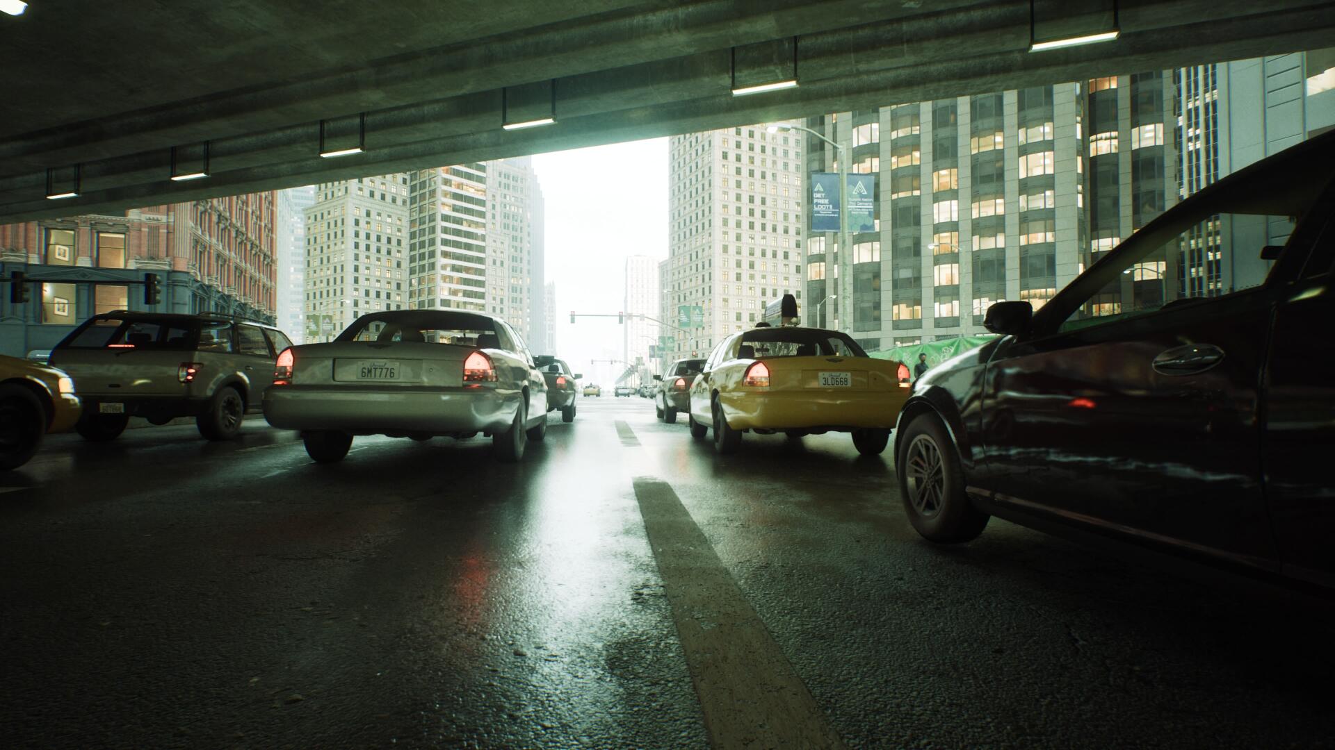 Matrix-inspired video game 4K Ultra HD PC desktop wallpaper: rain-slick city underpass with taxis and cars beneath towering skyscrapers, green-tinted cinematic lighting.