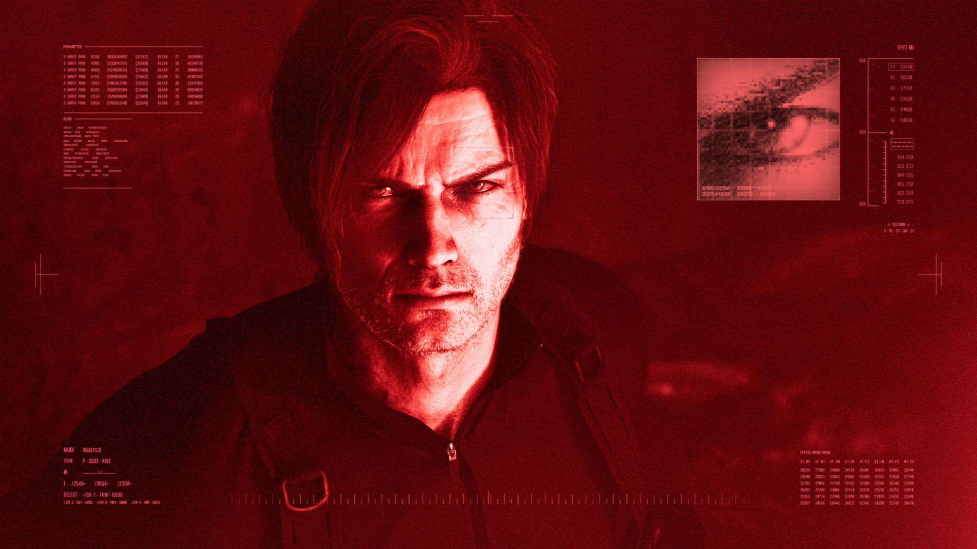 Resident Evil Requiem — Leon S. Kennedy red-tinted close-up with HUD overlays. 2K Quad HD PC desktop wallpaper/background.