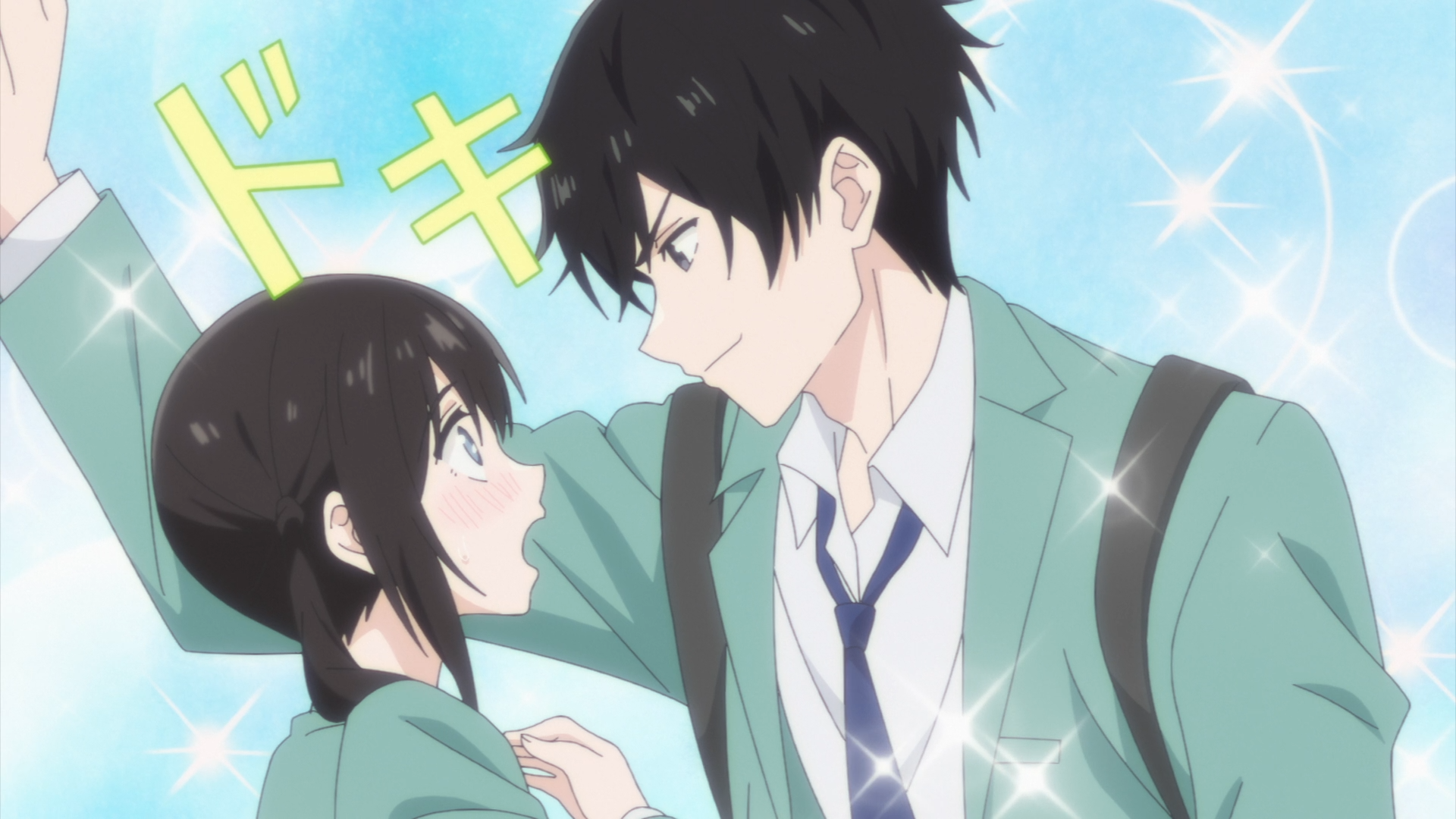 Anime HD PC desktop wallpaper of Miku Sakura and Yukiya Asagi from I Want to End this Love Game: the two gaze intimately in school uniforms against a sparkling blue background.