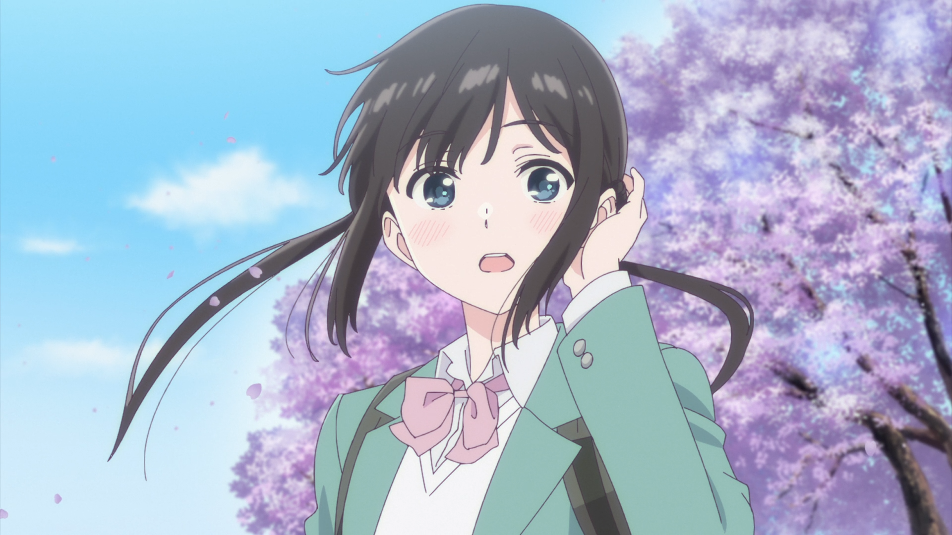 HD PC desktop wallpaper: anime character Miku Sakura from I Want to End this Love Game, in school uniform with pink ribbon, surprised expression amid blooming cherry blossoms.