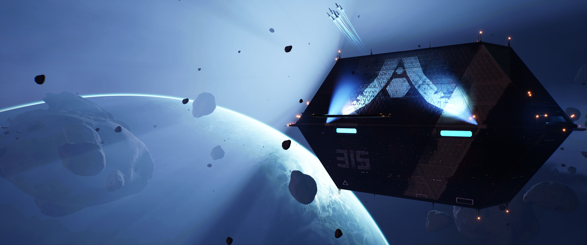 Homeworld video game 2K Quad HD PC desktop wallpaper/background: a capital ship with glowing thrusters approaches a pale planet amid drifting asteroids and streaking fighters.