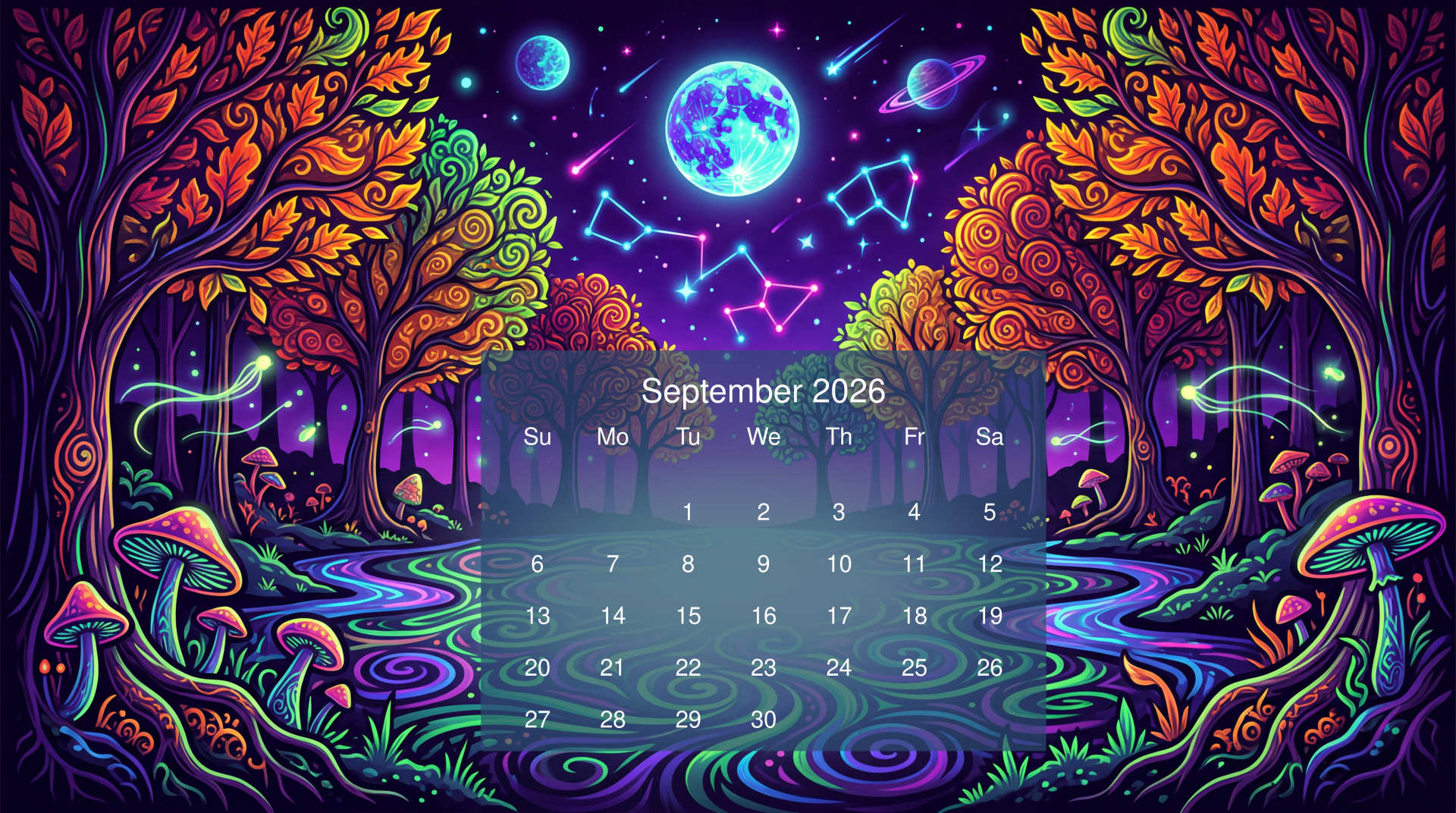 Vivid psychedelic forest and mushroom scene under a glowing moon and constellations with an overlaid September 2026 calendar — 5K Ultra HD PC desktop wallpaper/background.