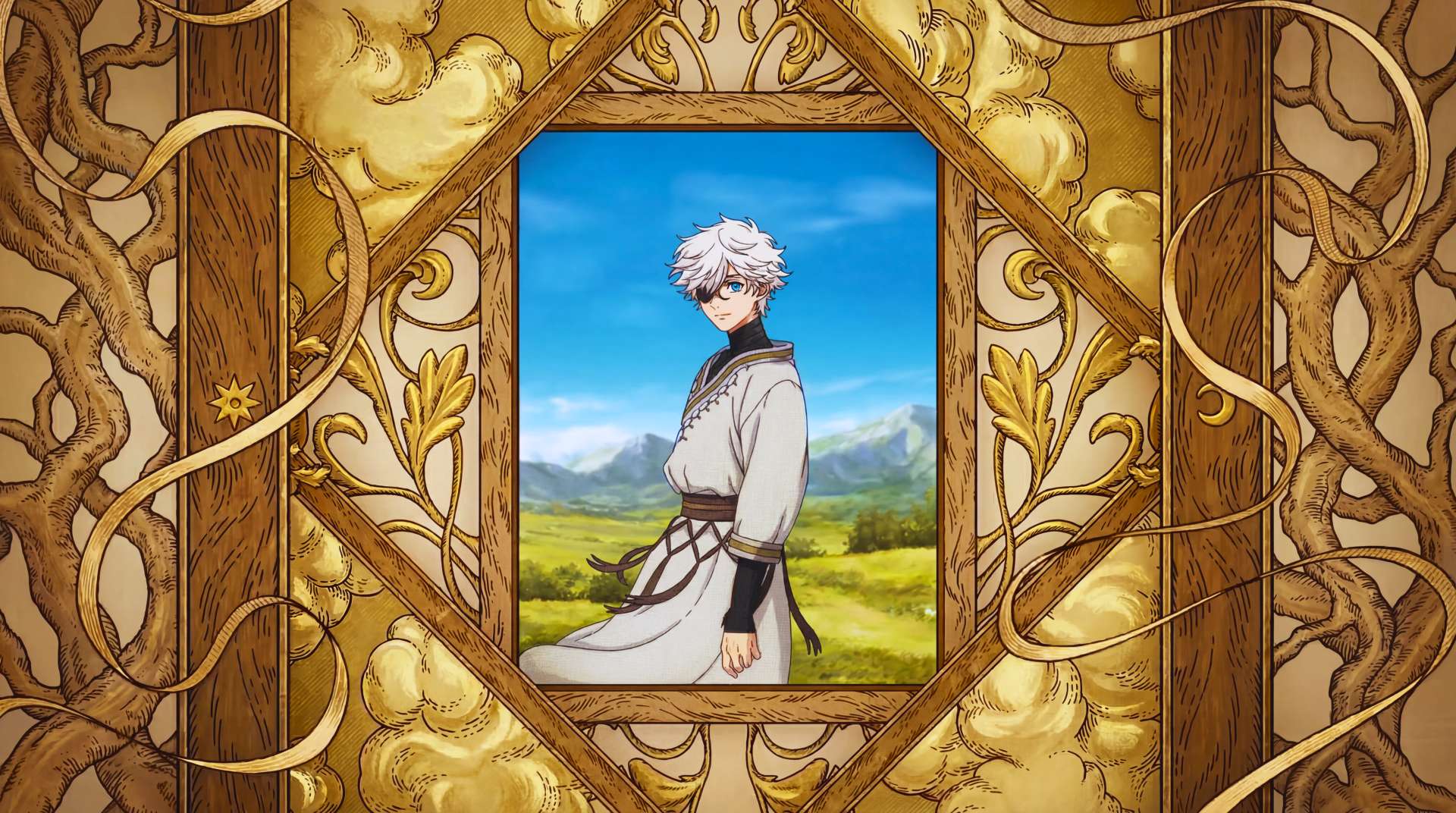 5K Ultra HD anime portrait (Witch Hat Atelier) of a white‑haired witch in a sunlit meadow, framed by ornate golden vines — fantasy PC desktop wallpaper.