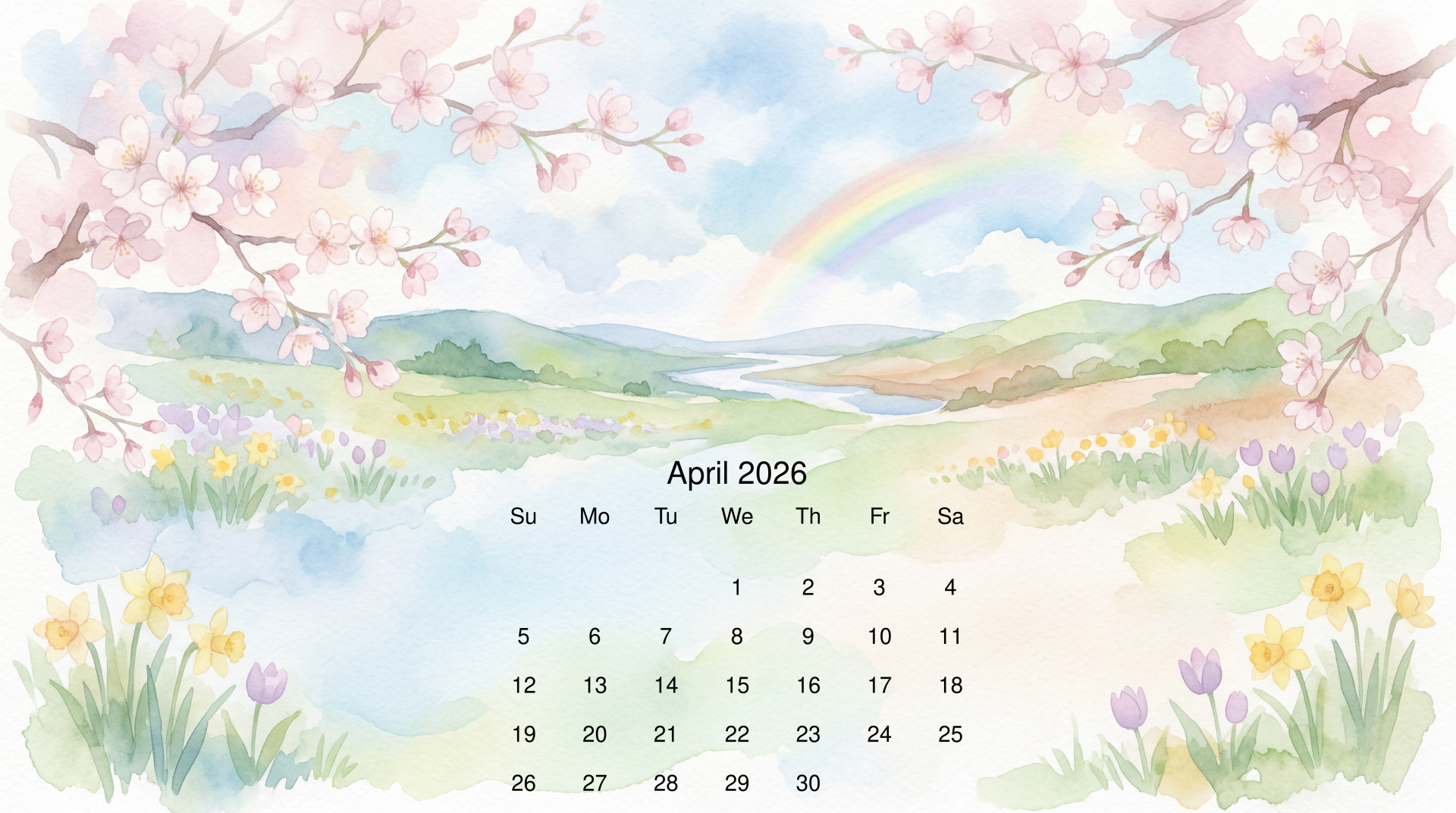 April 2026 calendar 5K Ultra HD PC desktop wallpaper: pastel spring scene with cherry blossoms, rainbow and wildflowers framing the month grid.