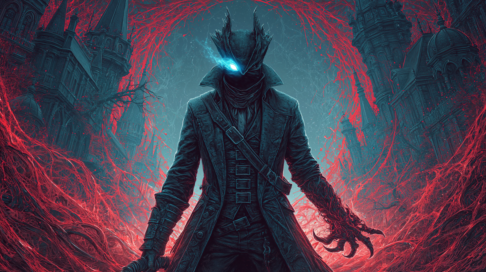 Bloodborne video game assassin with glowing blue eyes, dark coat and clawed hand amid red, writhing tendrils — 2K Quad-HD PC desktop wallpaper.