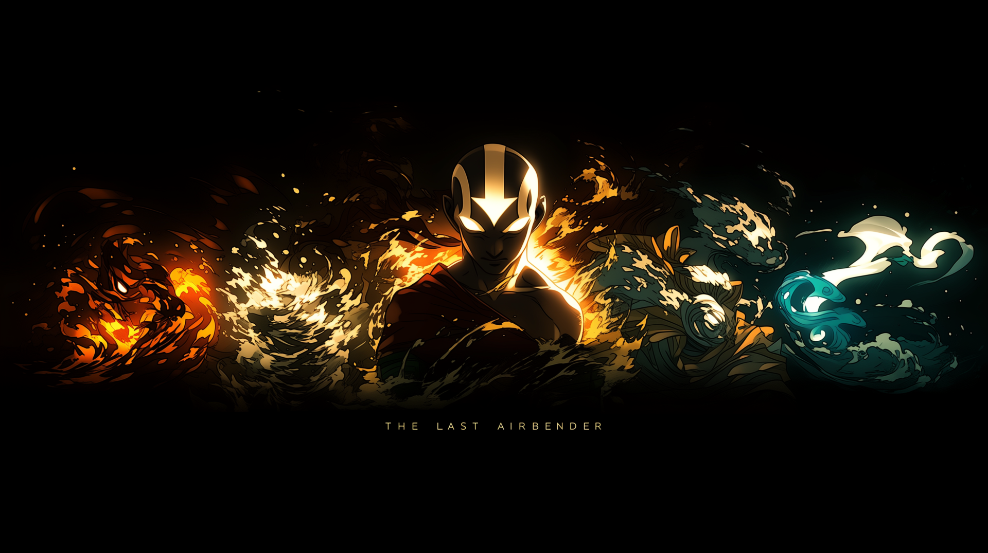 Black anime–style 2K Quad HD desktop wallpaper of Aang (Avatar) from The Legend of Aang: The Last Airbender, glowing silhouette amid swirling fire, water and earth elements.