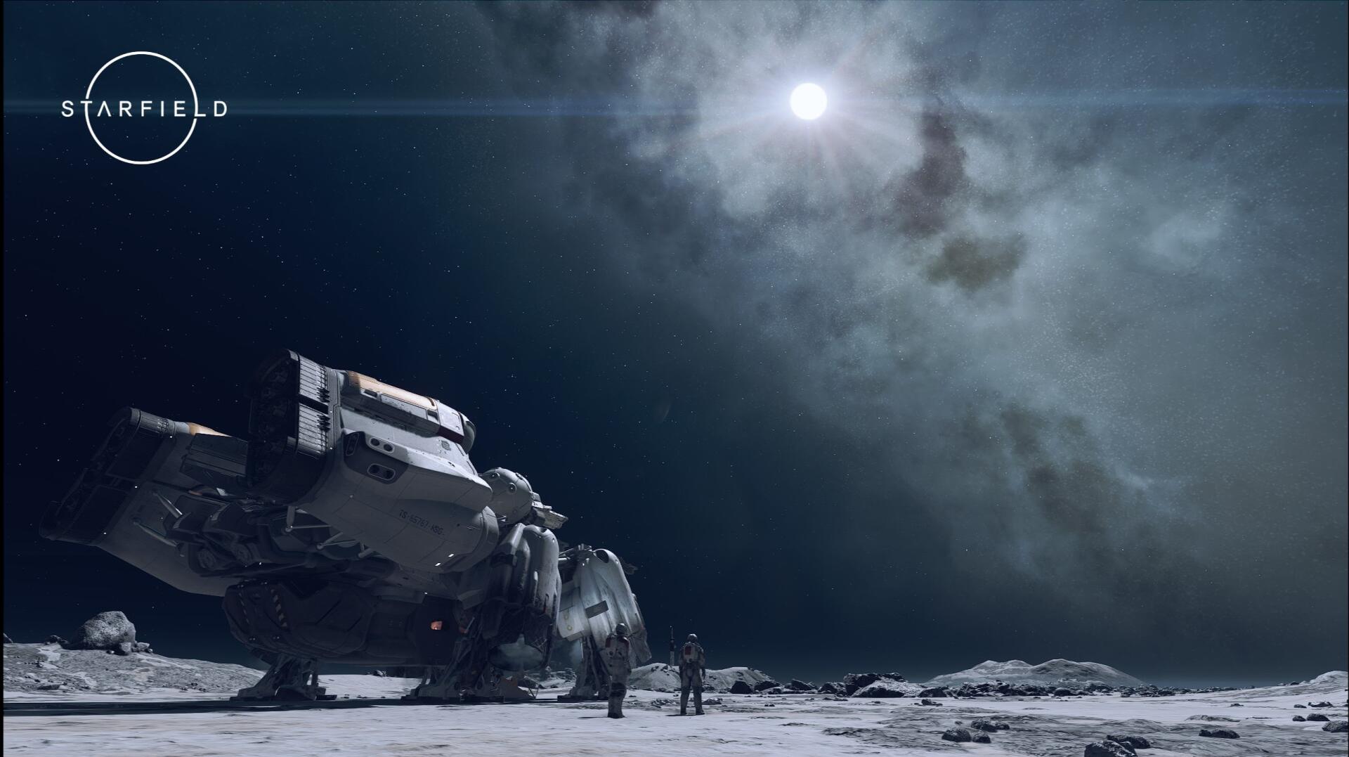 Starfield video game — 2K Quad HD PC Desktop Wallpaper and Background: a ship and lone explorer on a barren moon under a bright sun and star-filled, clouded space sky.