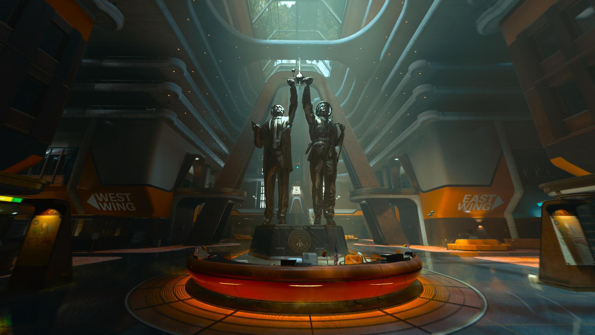Video game — Call of Duty: Black Ops 6 4K Ultra HD PC wallpaper: dim futuristic hall with two armored statues on a circular platform, sci‑fi lighting and orange accents.