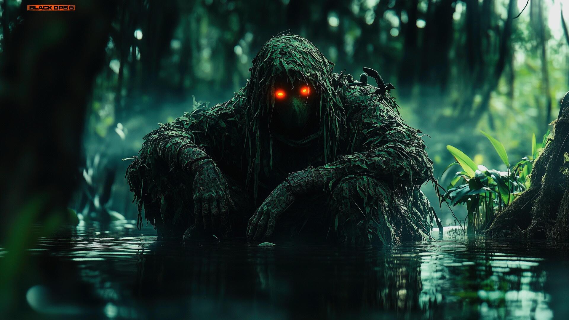 Call of Duty: Black Ops 6 4K Ultra HD PC wallpaper — a moss-covered swamp humanoid with glowing orange eyes emerging from dark water in a dense, misty jungle.