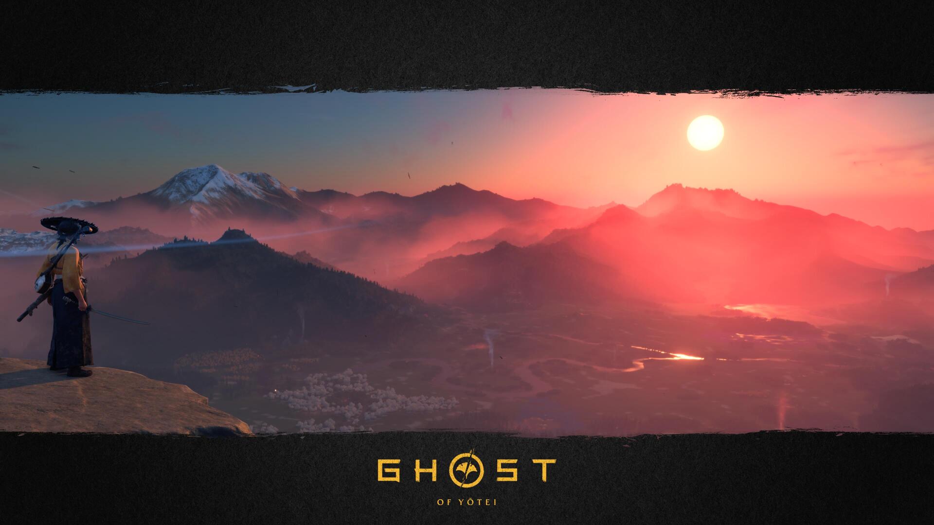 4K Ultra HD PC desktop wallpaper for the video game Ghost of Yōtei: lone samurai gazes over misty volcanic peaks at sunset, game logo centered.