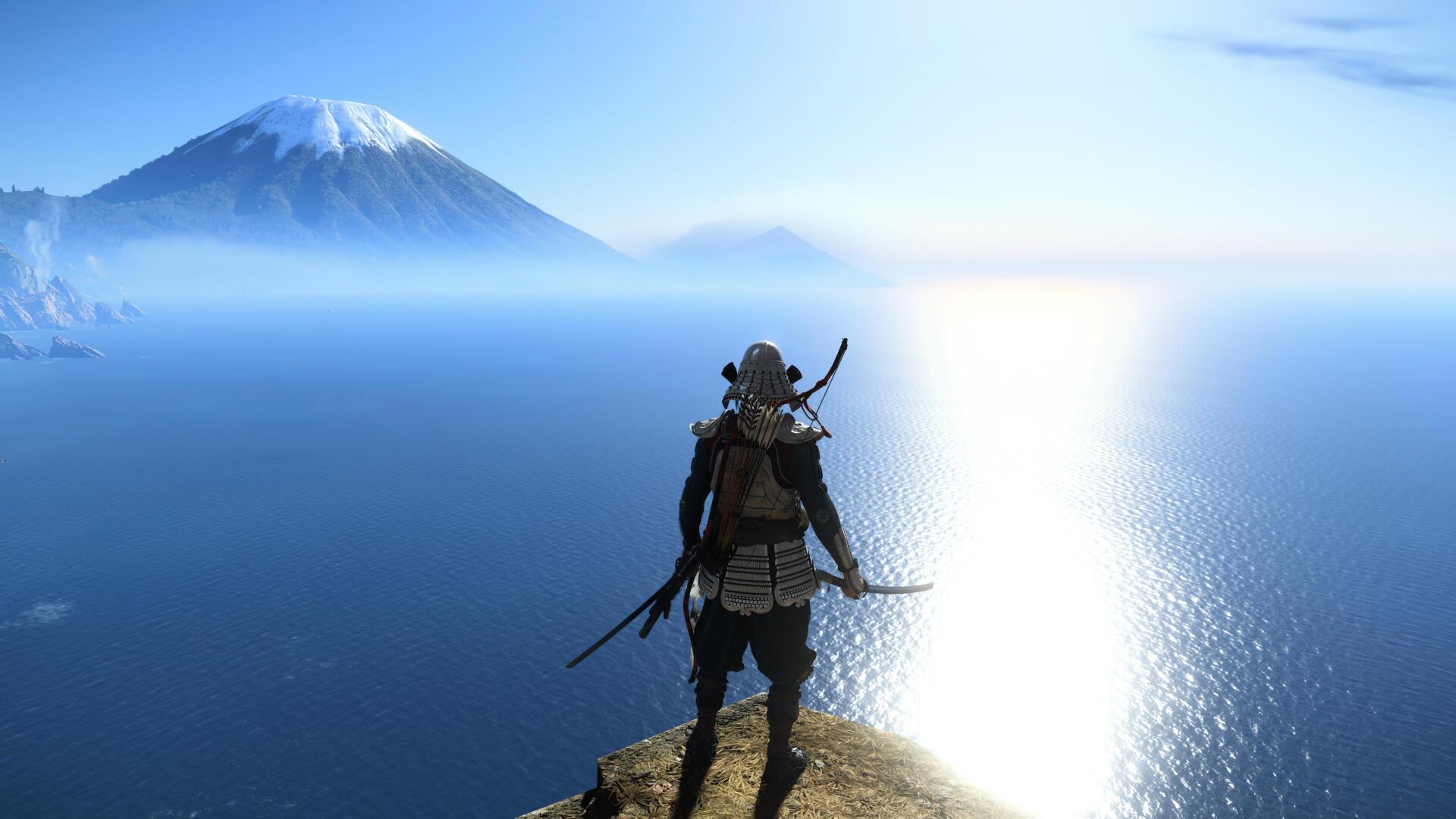 4K Ultra HD PC desktop wallpaper & background from Ghost of Yōtei video game: lone samurai on a cliff gazes across a sunlit sea toward a distant snow-capped Mount Yōtei.