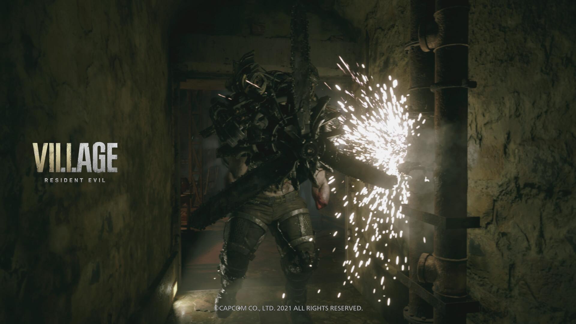 Resident Evil video game 4K Ultra HD PC desktop wallpaper: armored creature recoils amid sparks and gunfire in a dim, claustrophobic corridor, Village logo at left.