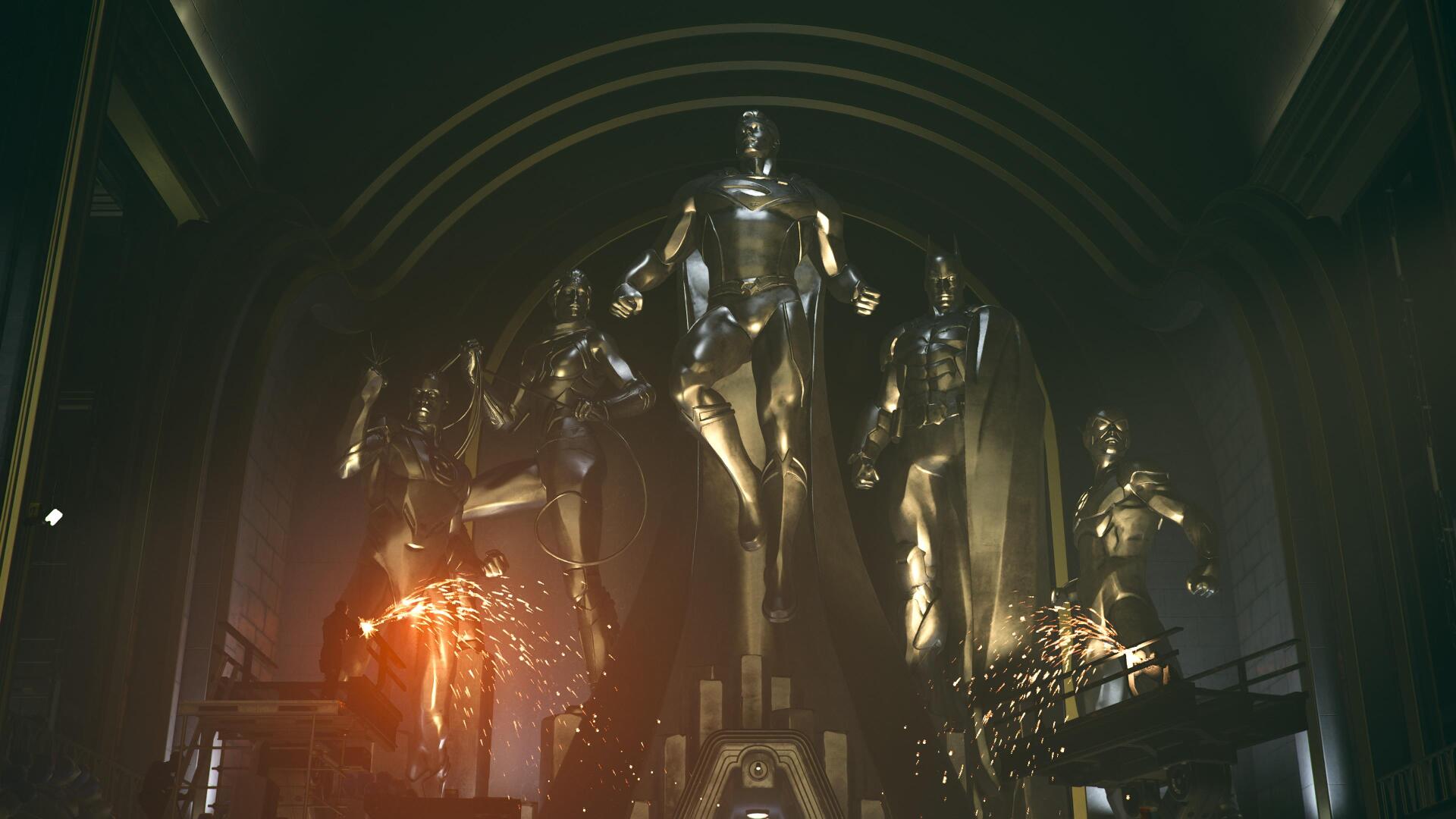 4K Ultra HD PC desktop wallpaper from the video game Suicide Squad: Kill the Justice League — towering golden Justice League statues in a dark hall, one cracked and emitting sparks.