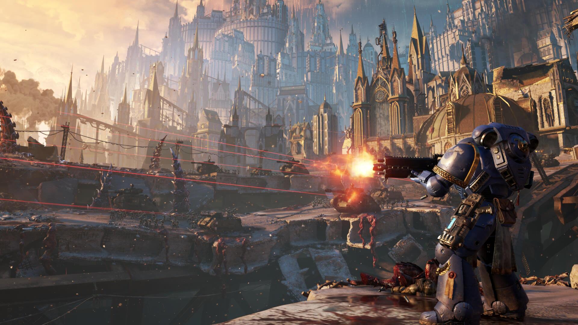 4K Ultra HD video game wallpaper: a Warhammer Space Marine in power armor fires a bolter across a gothic cityscape at dusk, overlooking ruined bridges and burning battlefields.