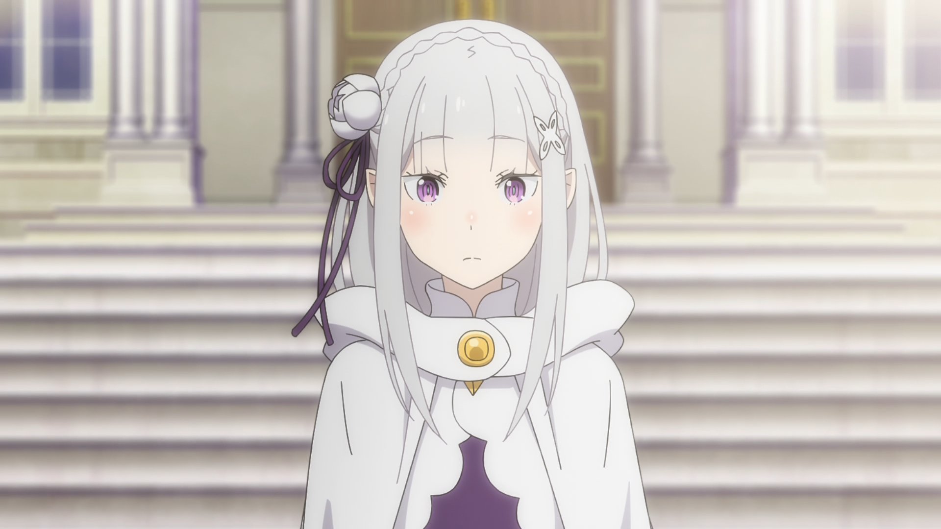 HD PC desktop wallpaper of Emilia (Re:ZERO) — anime portrait of a silver‑haired girl in a white cloak standing on palace steps, soft expression; tagged Gals Can't Be Kind to Otaku!?