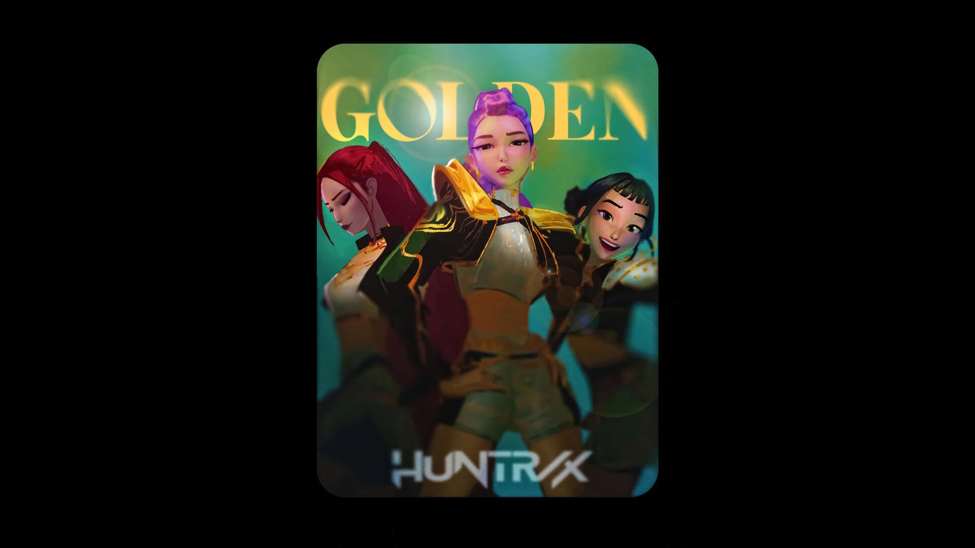 4K Ultra HD PC desktop wallpaper/background: KPop Demon Hunters — three stylized demon-hunter idols in colorful stage armor, neon lighting and 'GOLDEN' title.