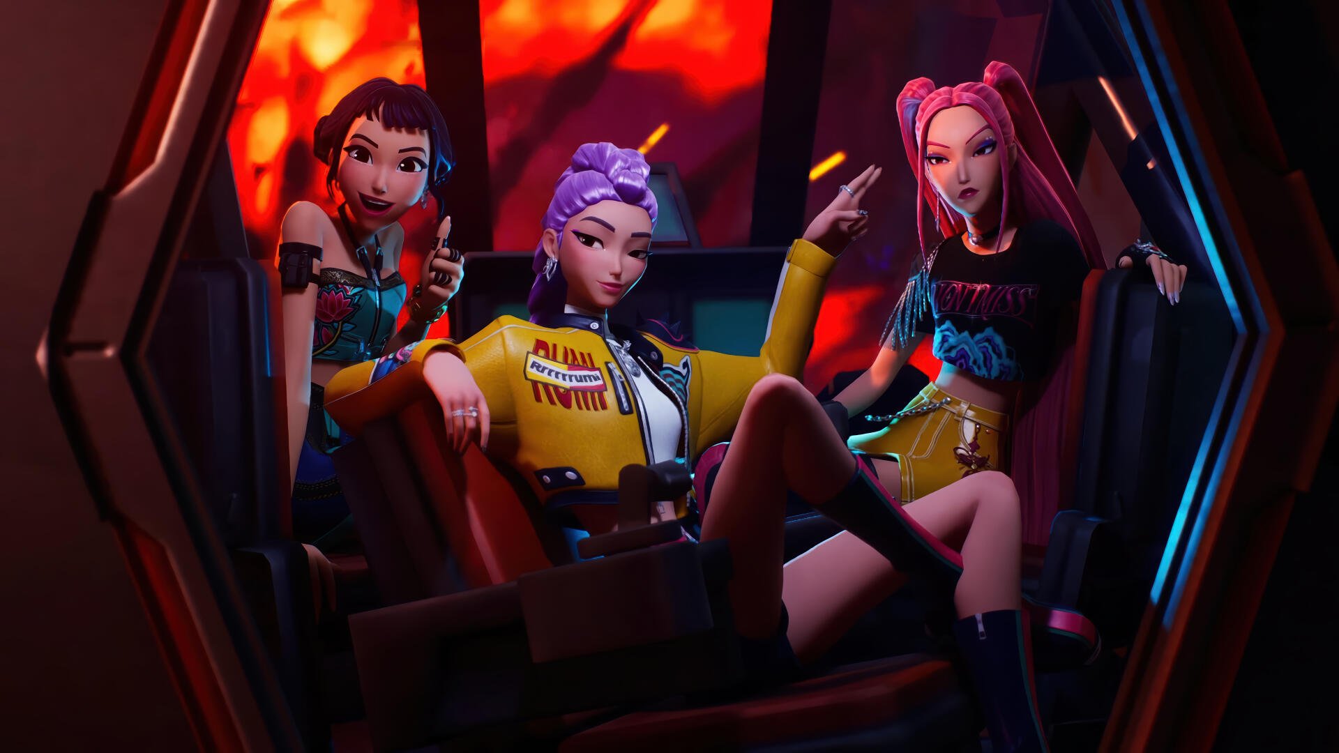 KPop Demon Hunters: three stylized female demon-hunter idols in a neon-lit cockpit, bold outfits and weapons — 4K Ultra HD PC desktop wallpaper and background.