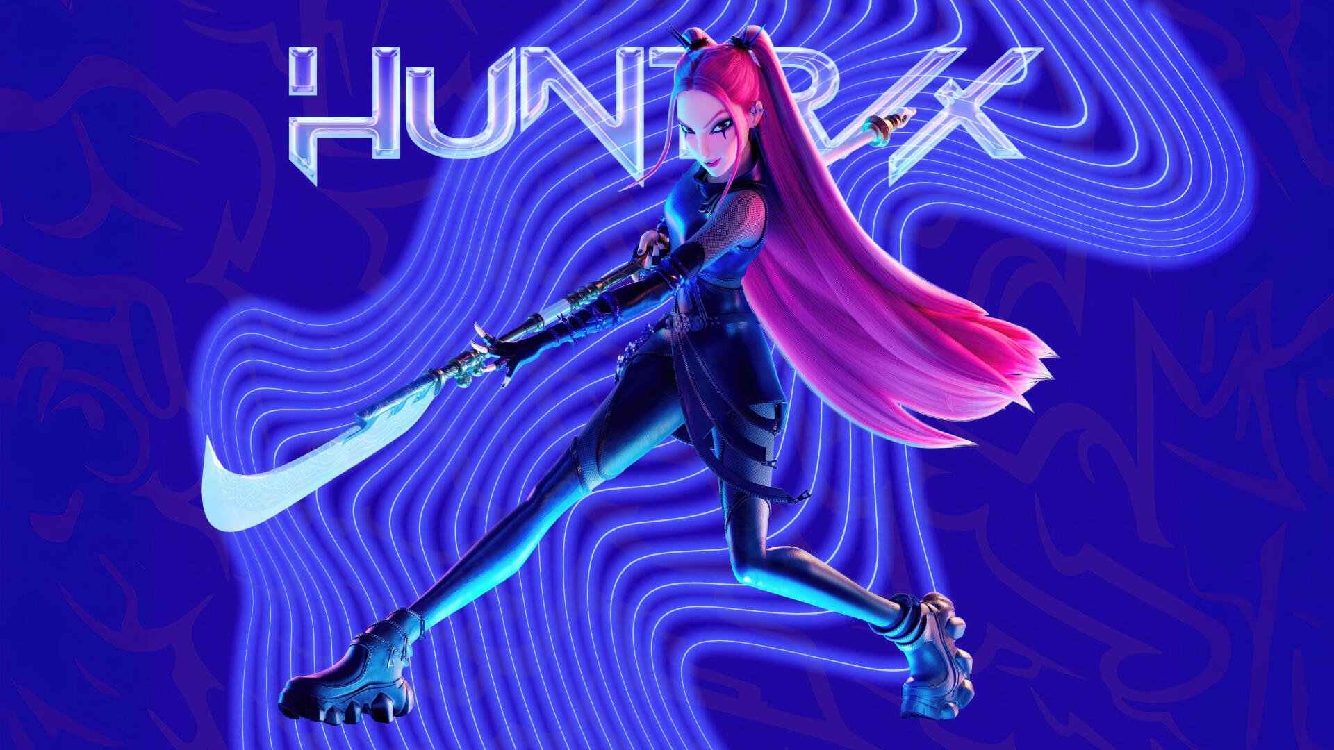 KPop Demon Hunters 8K Ultra HD PC desktop wallpaper: neon‑purple wavy background and a pink‑haired, futuristic demon hunter in a dynamic pose wielding a glowing blade.