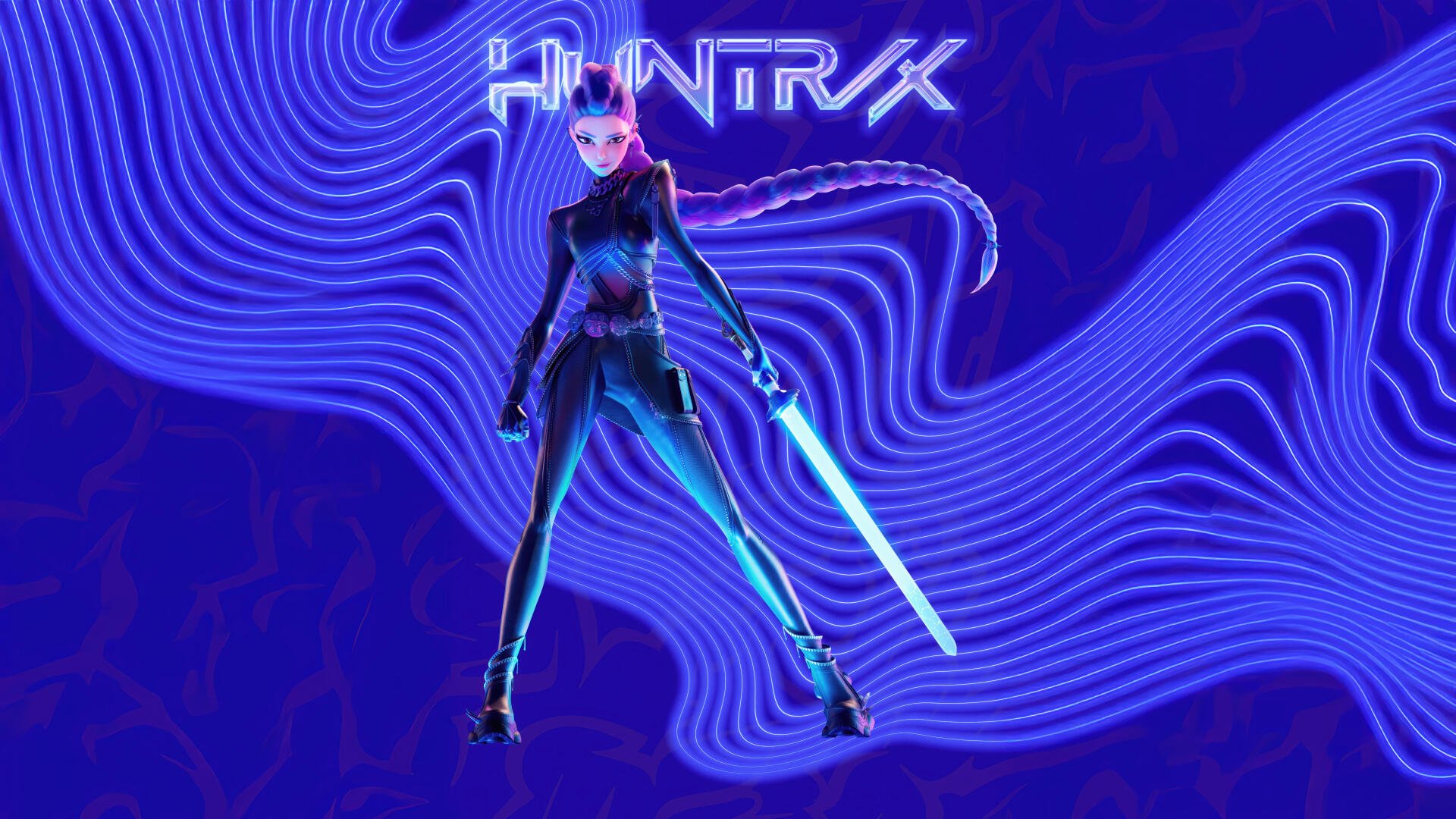 KPop Demon Hunters-themed neon figure in a futuristic suit wielding a glowing sword against swirling purple-blue waves — 8K Ultra HD PC desktop wallpaper background