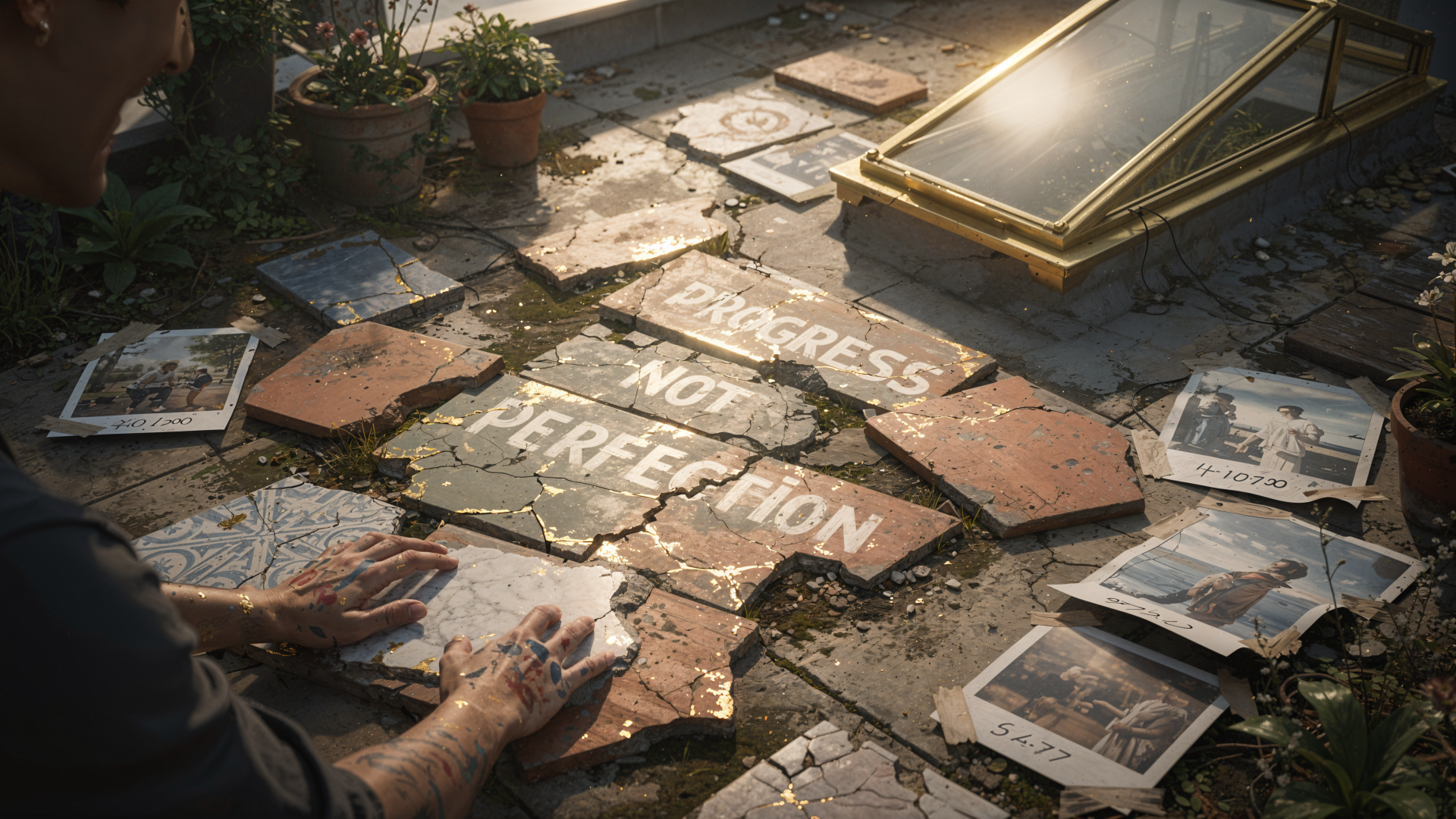 Hands painting PROGRESS NOT PERFECTION across cracked paving stones amid scattered newspapers — gritty 4K Ultra HD PC Desktop Wallpaper and Background.