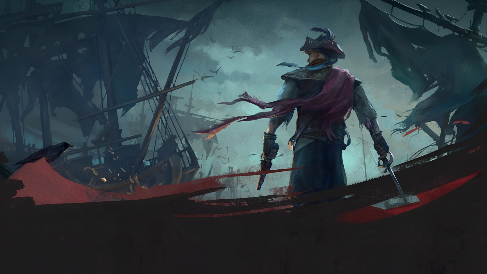Windrose video game 2K Quad HD PC desktop wallpaper: lone pirate captain on a blood-red deck, pistol and cutlass raised amid fog, wrecked ships and a stormy green sky.