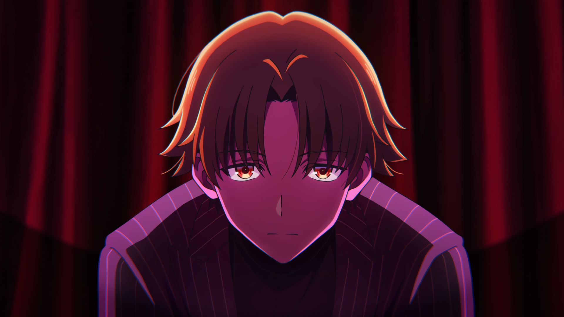 Red-toned 4K Ultra HD PC wallpaper: Classroom of the Elite's Kiyotaka Ayanokōji, an anime boy with dark hair and intense, glowing eyes framed by shadowed curtains.