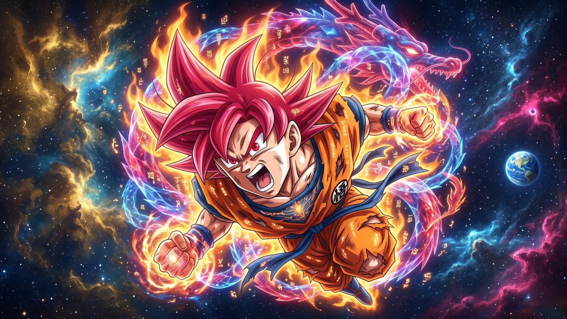 4K Ultra HD anime Dragon Ball Super wallpaper of Goku in Super Saiyan God form: red hair, roaring mid-flight with fiery aura and cosmic dragon energy streaks across a starry space backdrop.