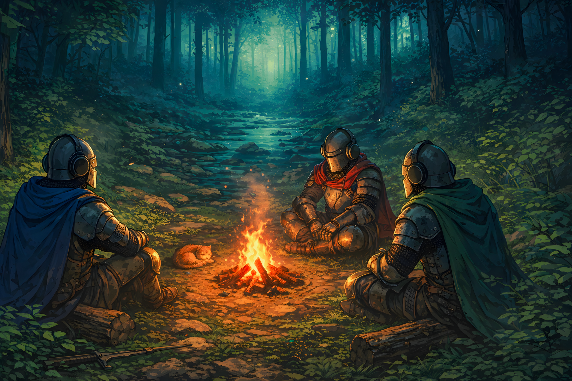 Fantasy scene: three knights around a campfire in a misty forest, firelight glinting on armor — 2K Quad HD PC desktop wallpaper background.