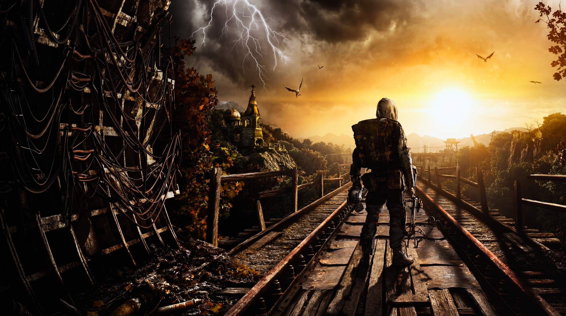 Metro 2039 video game post-apocalyptic Russia 5K Ultra HD PC desktop wallpaper and background: lone armored survivor on a crumbling railway toward a stormy sunset over a devastated city.