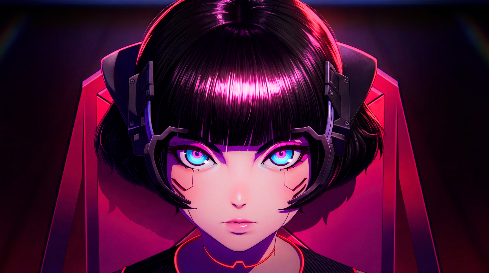 Neon-lit Cyberpunk: Edgerunners anime girl — cute cyber girl with glossy bob, bright cyan eyes, headset and facial cyber markings; 5K Ultra HD PC desktop wallpaper