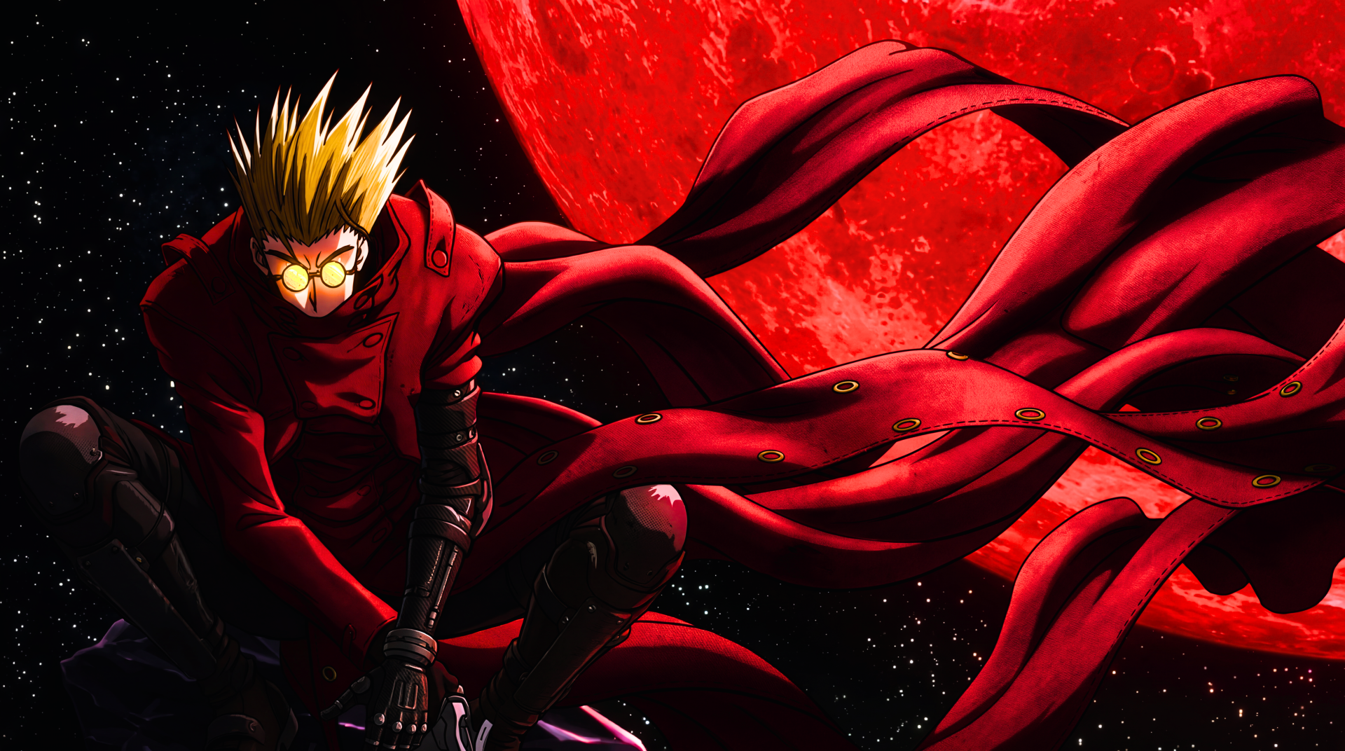 5K Ultra HD PC desktop wallpaper: Trigun's Vash the Stampede in crimson coat and goggles, crouched with flowing scarf before a massive red moon against a starry black sky.