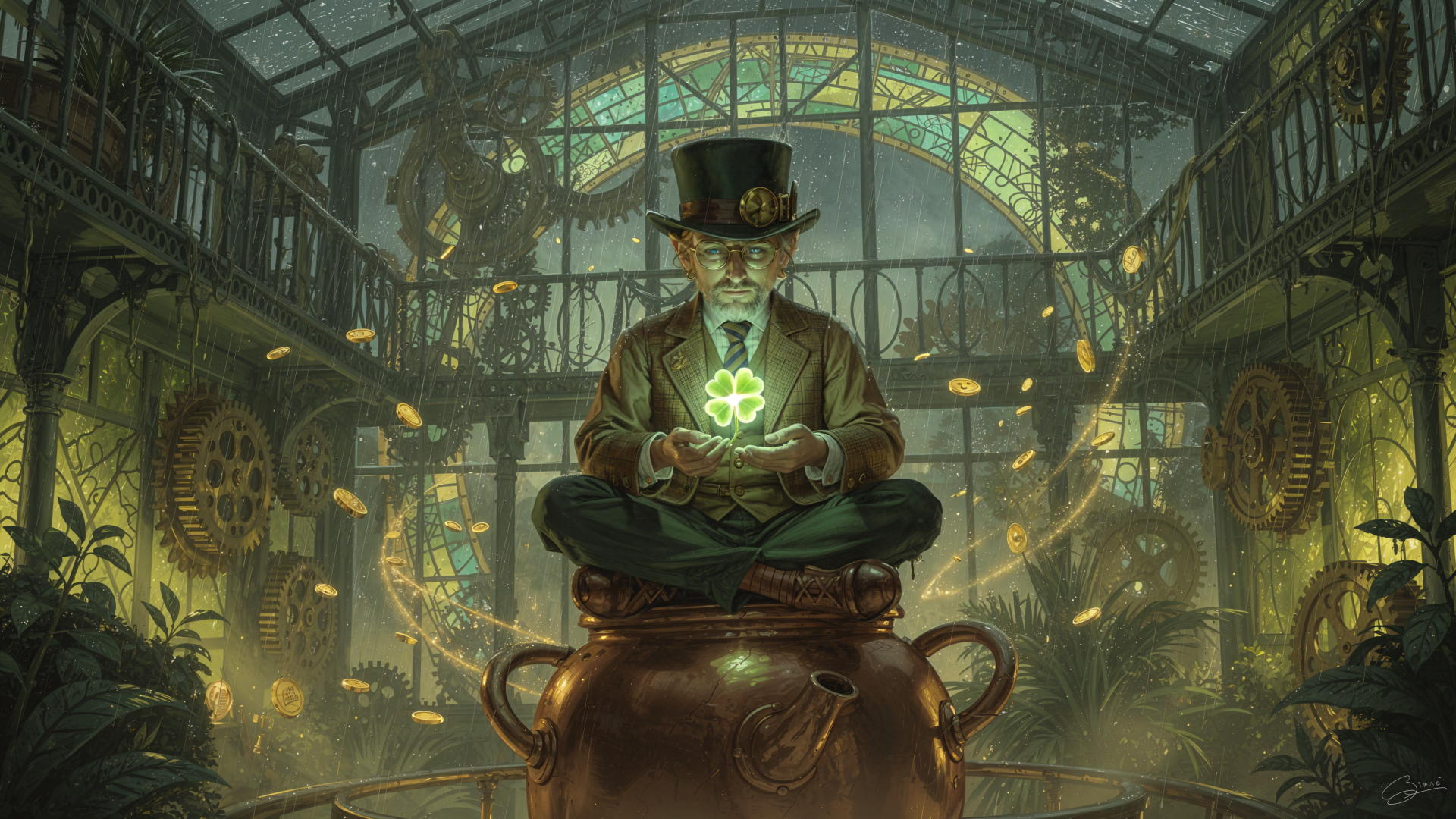 4K Ultra HD PC desktop wallpaper: steampunk leprechaun in a top hat levitates over a copper cauldron, holding a glowing shamrock amid gears and hanging coins in a glass atrium.