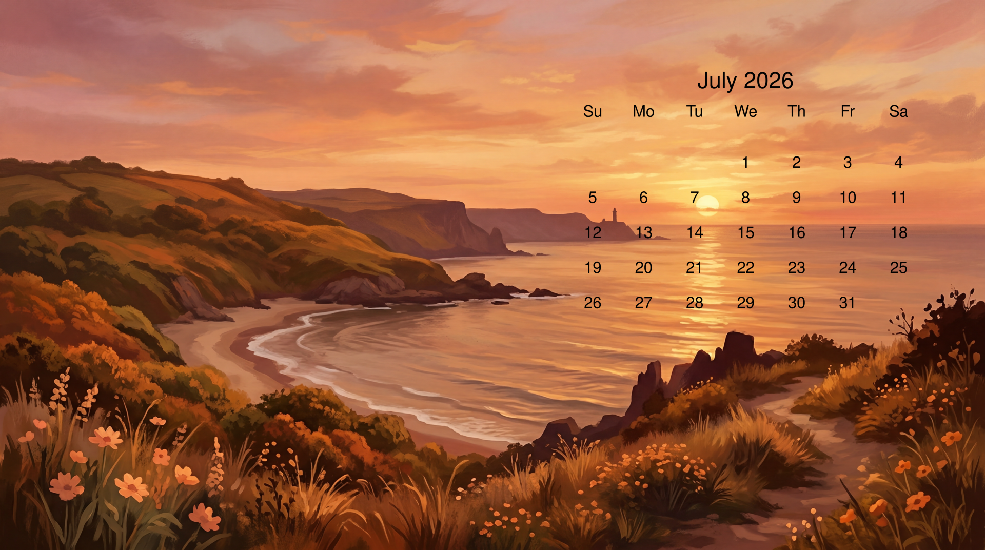 July 2026 calendar over a golden coastal sunset scene with cliffs, sandy bay and wildflowers — 5K Ultra HD PC desktop wallpaper and background.