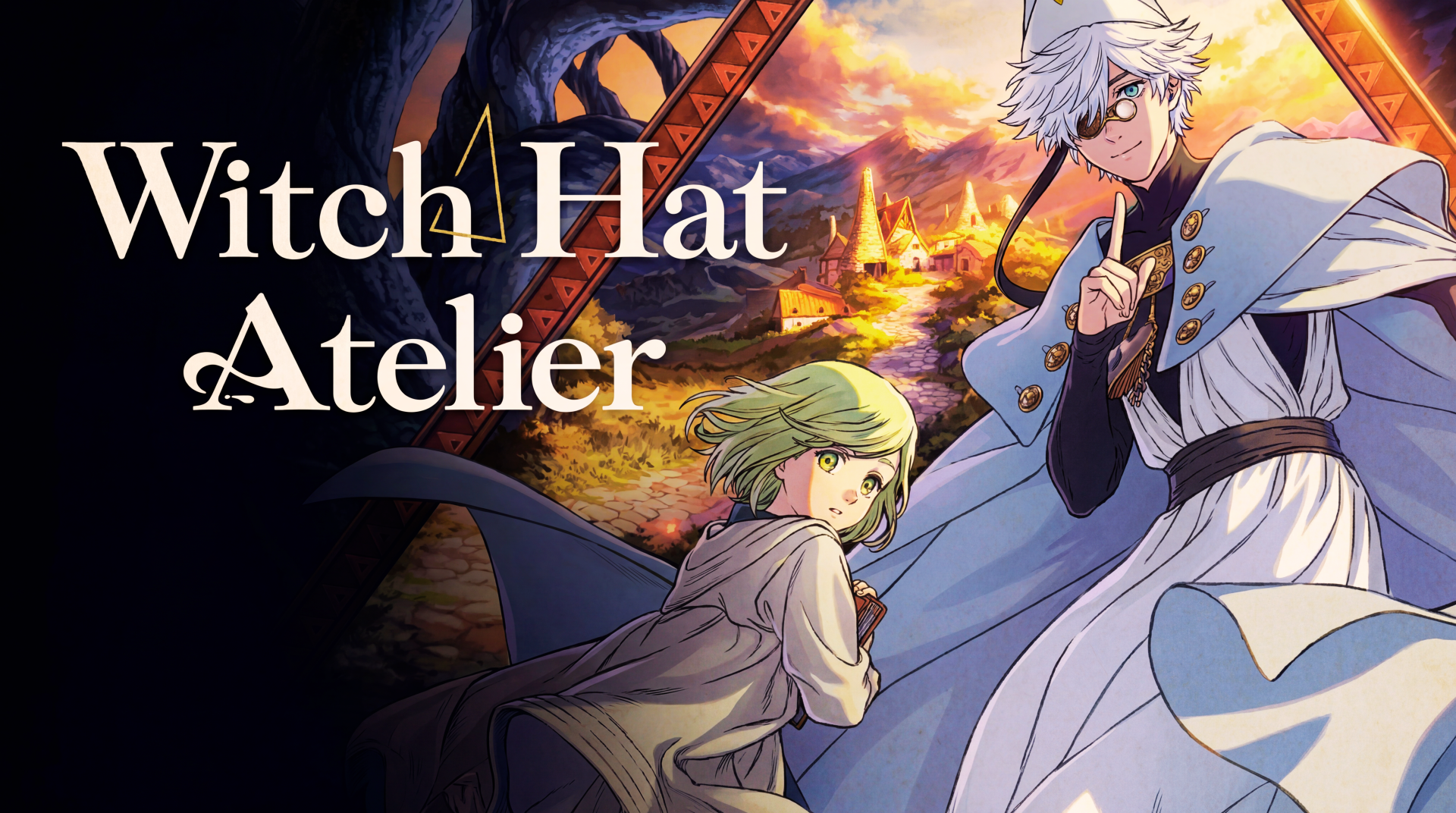 5K Ultra HD Witch Hat Atelier PC desktop wallpaper showing Coco and Qifrey in a fantasy anime sunset landscape with magical ruins and glowing spells.
