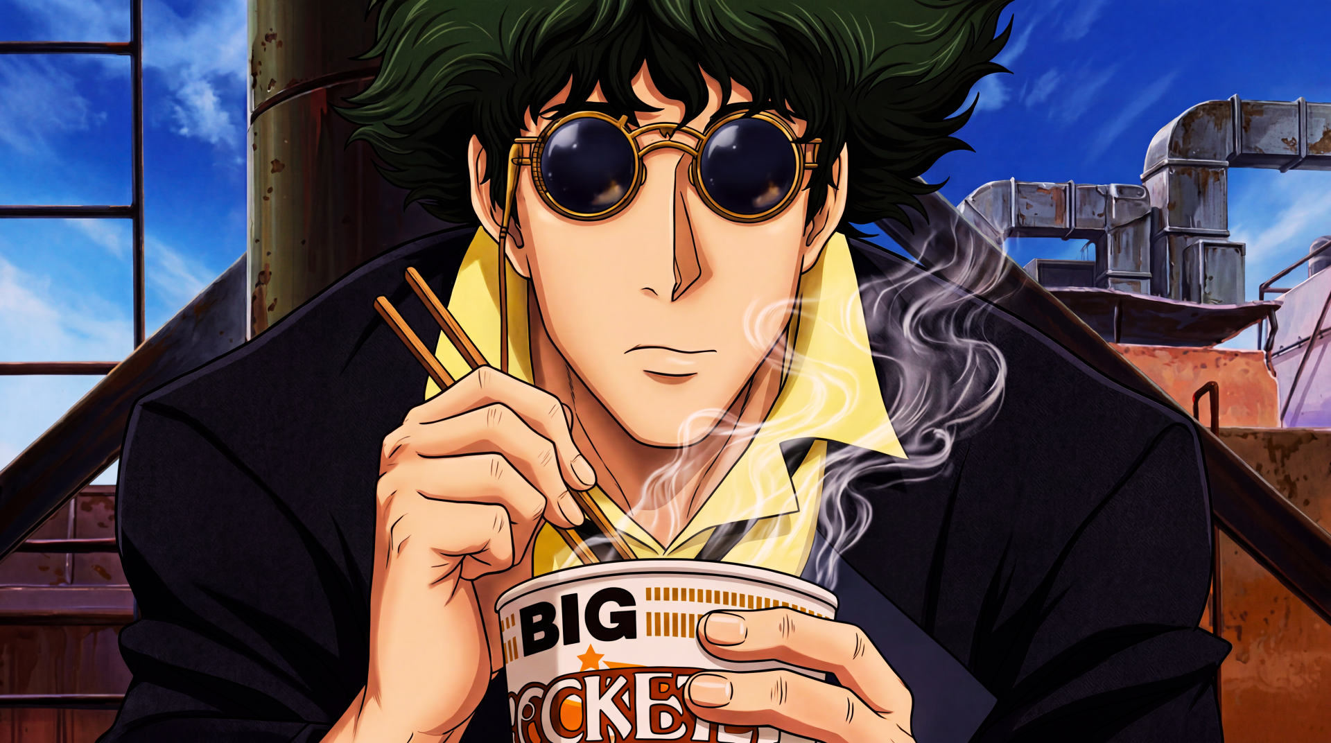 Cowboy Bebop's Spike Spiegel in round shades eats steaming cup ramen with chopsticks on a rooftop — anime 5K Ultra HD PC desktop wallpaper/background.