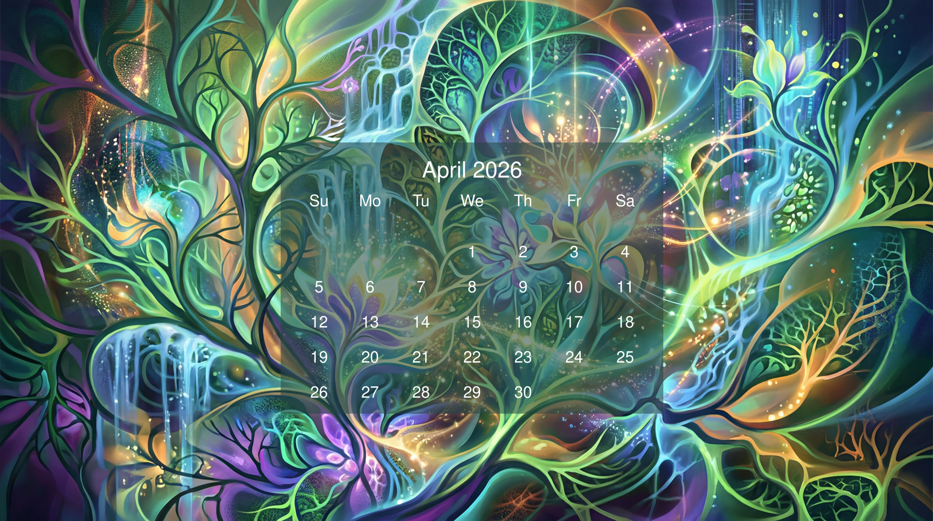 April 2026 calendar over vibrant psychedelic tree-of-life artwork — 5K Ultra HD PC desktop wallpaper and background with swirling neon leaves and glowing branches.