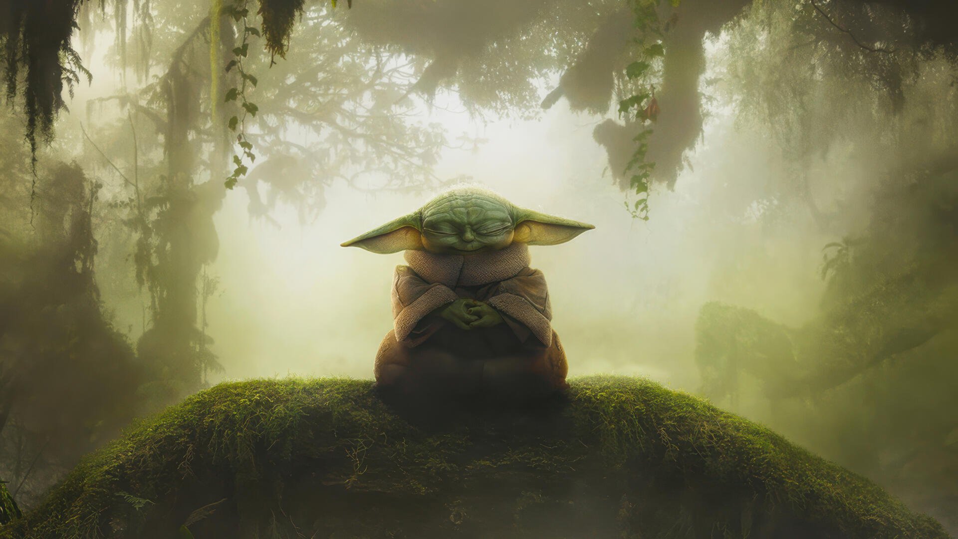 4K Ultra HD PC desktop wallpaper: Grogu from The Mandalorian sits on a mossy mound in a misty, sunlit forest background.