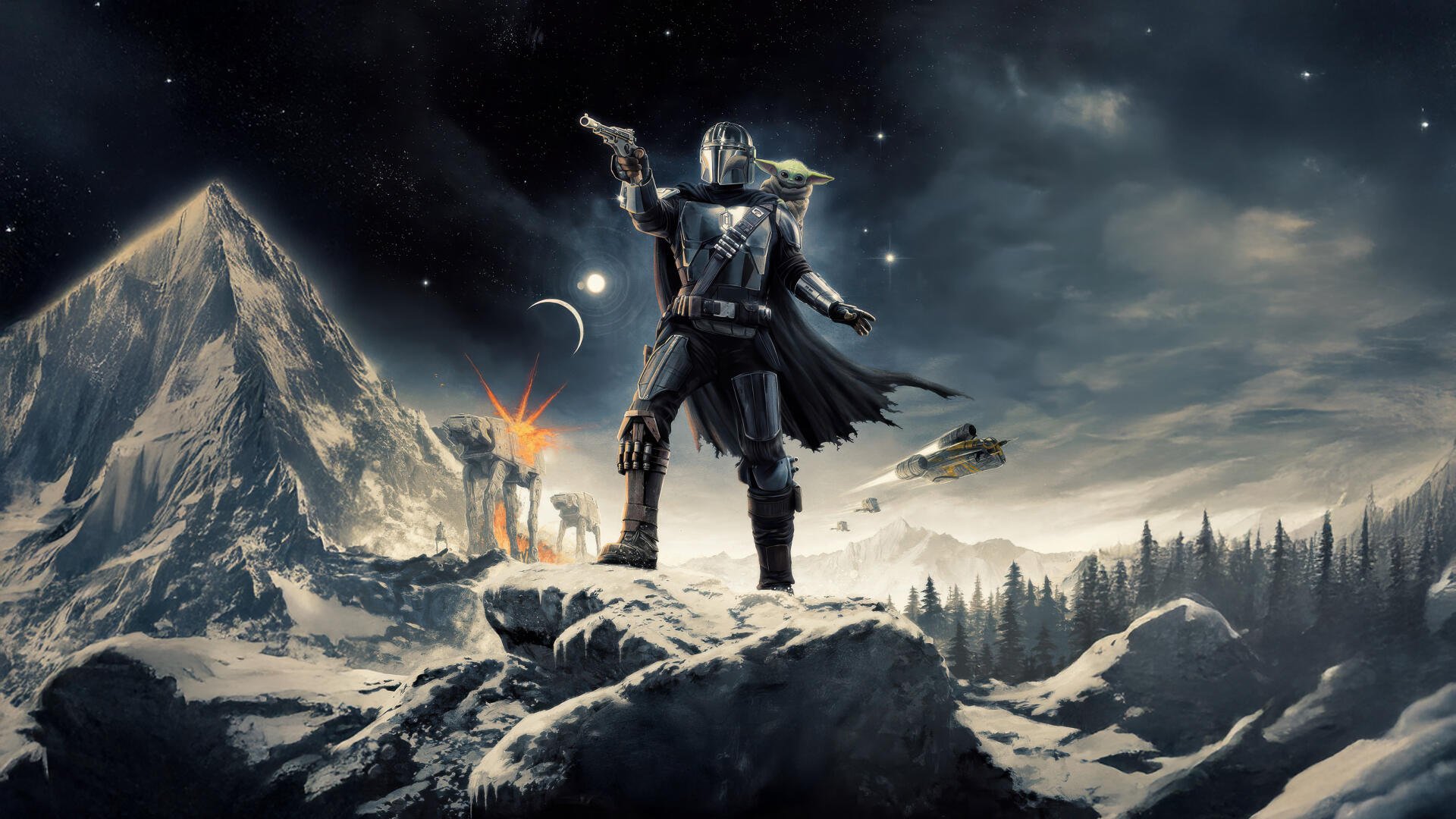 5K Ultra HD PC desktop wallpaper: The Mandalorian and Grogu on a snowy ridge, the armored Mandalorian aiming his blaster as starships streak and distant fires glow beneath a stormy sky.