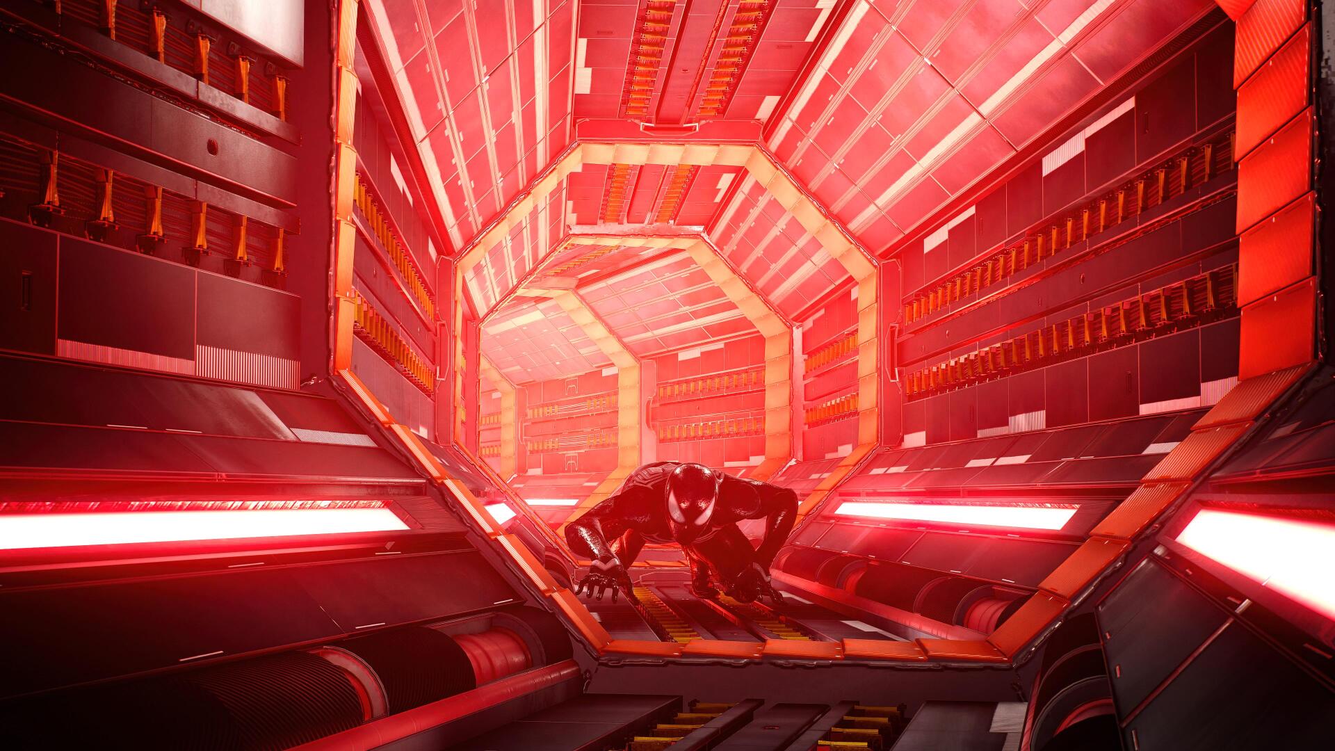 Spider-Man (PS4) in a black suit crouches in a red-lit futuristic tunnel — 4K Ultra HD PC desktop wallpaper/background from the video game.