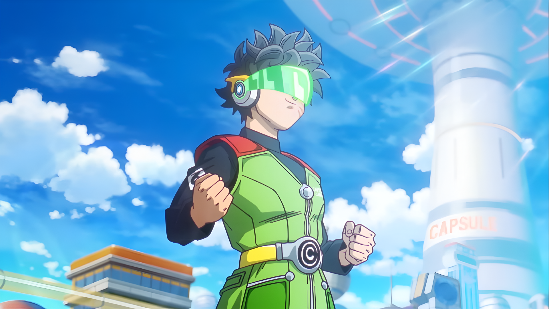 Dragon Ball Xenoverse 3 hero in green battle suit and glowing visor, fists clenched beneath a bright blue sky — 4K Ultra HD PC desktop wallpaper/background.