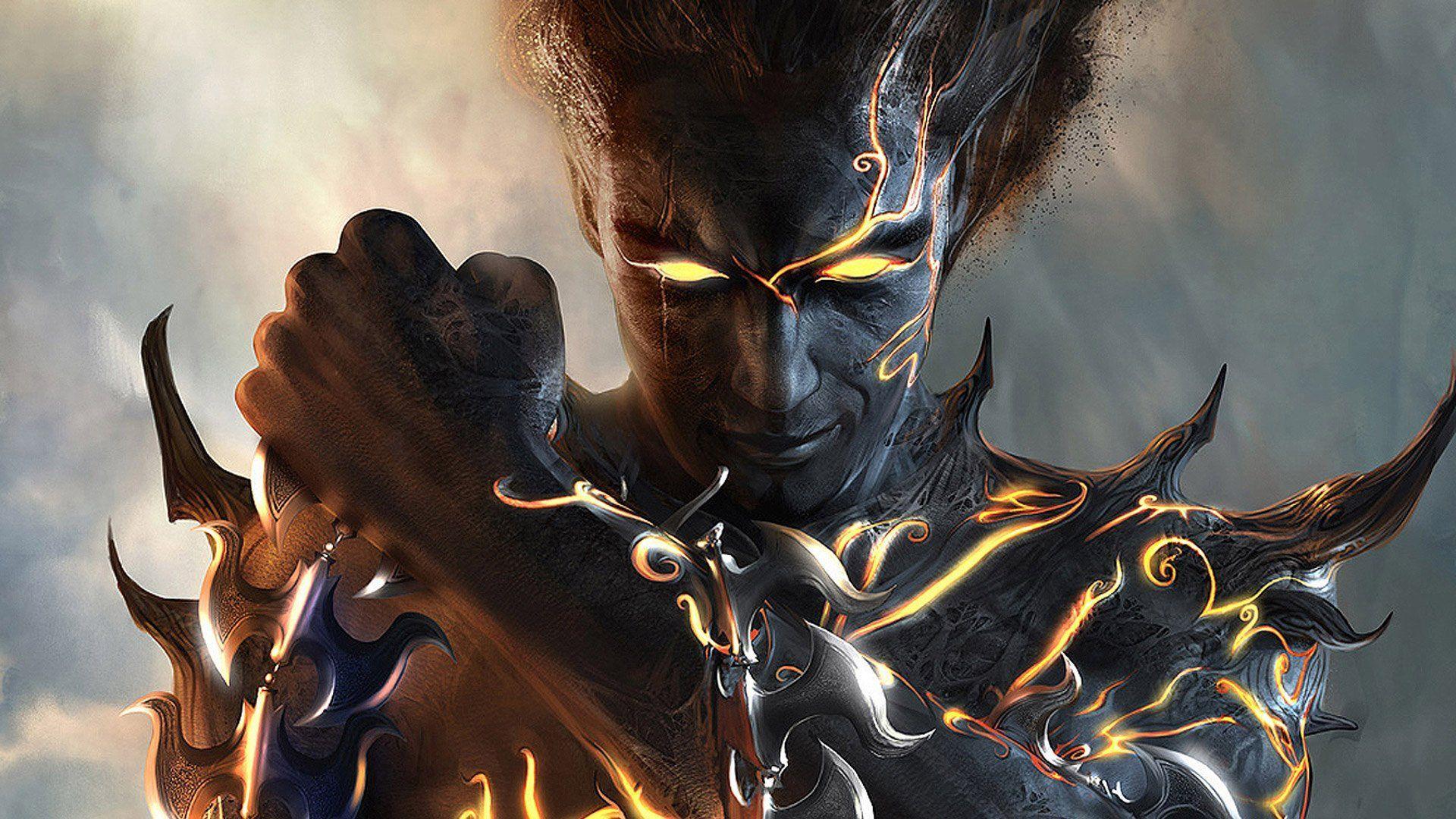 Prince of Persia: The Two Thrones — shadowed prince with glowing eyes and molten veins clutching blades, dark HD PC desktop wallpaper/background.