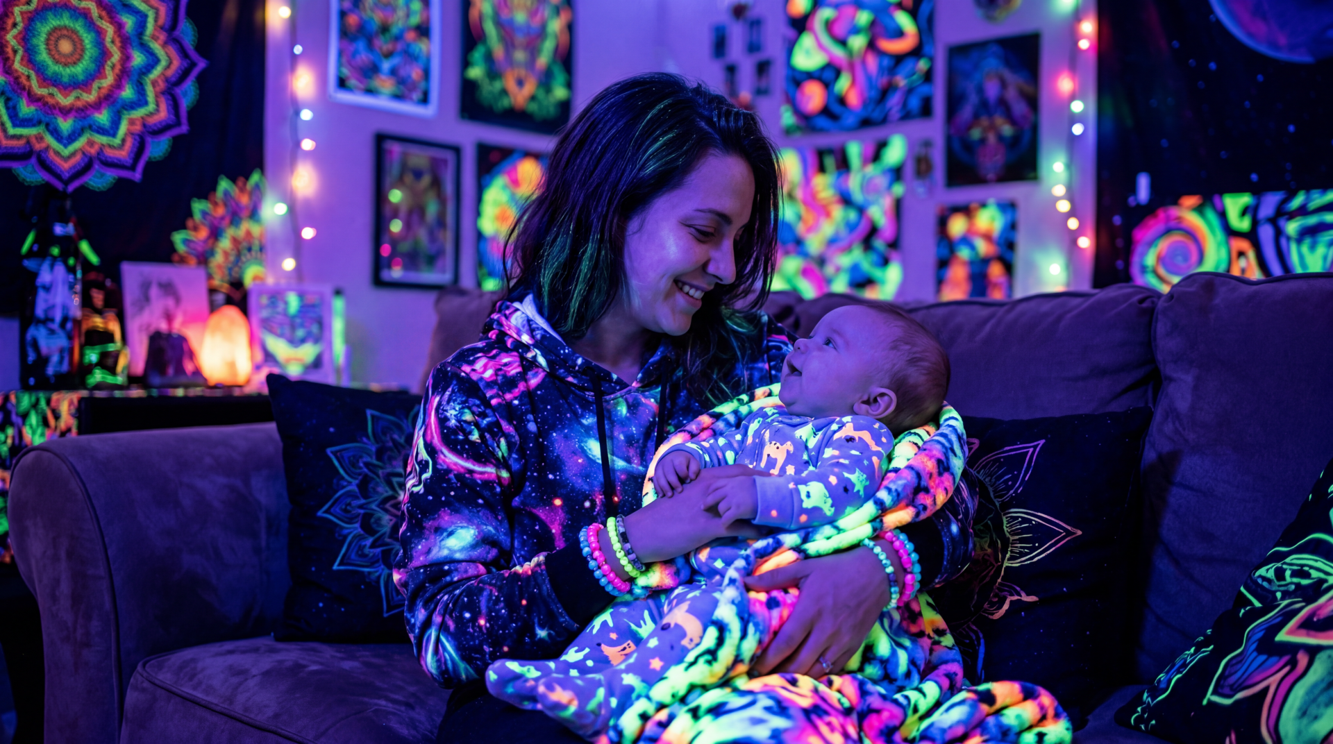 Mother and baby on a couch, mother cradling infant amid neon blacklight psychedelic art and fairy lights; vivid glowing colors. 5K Ultra HD PC desktop wallpaper and background.