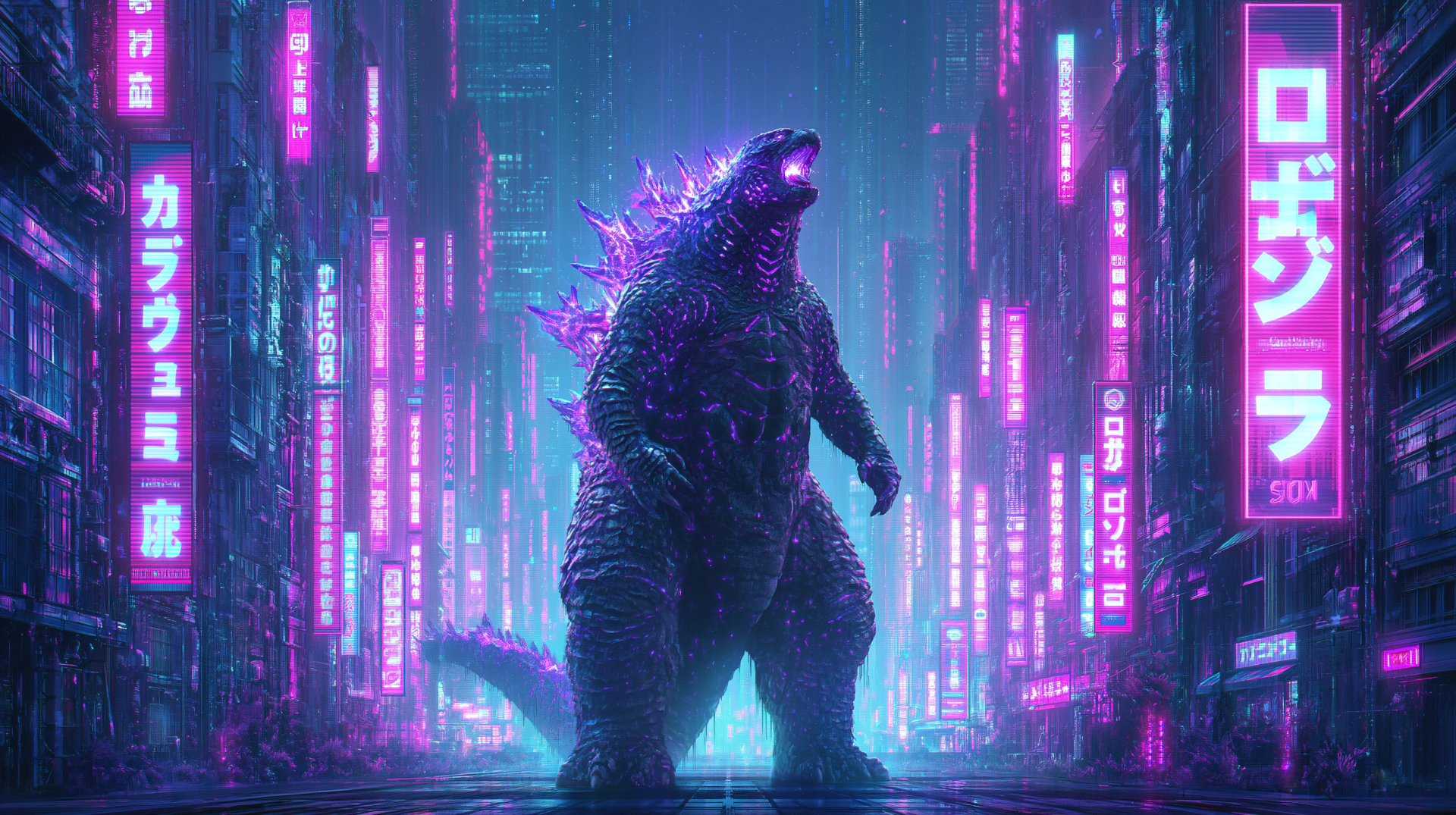 Towering Godzilla amid a rain-soaked cyberpunk city, neon signs and kanji blazing on skyscrapers — 2K Quad HD PC desktop wallpaper background.
