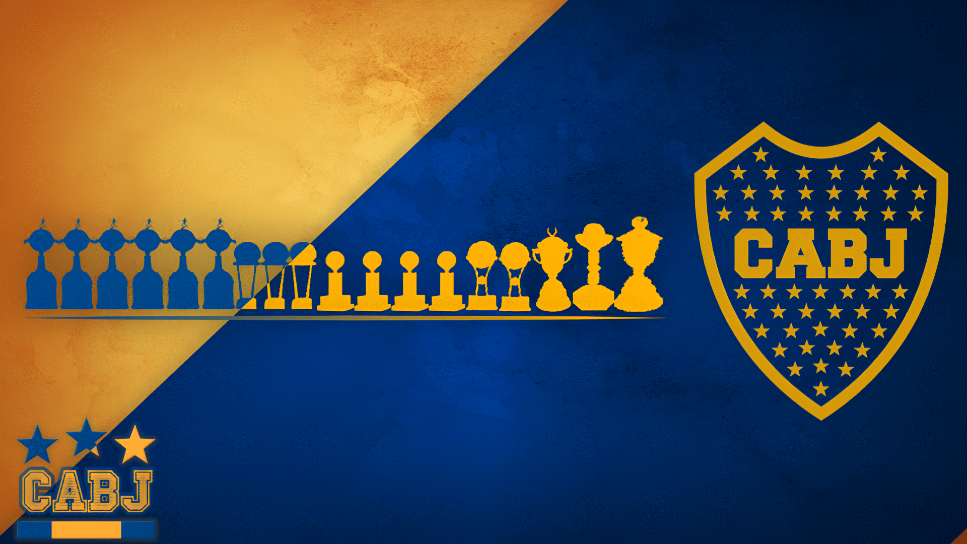 Boca Juniors sports logo and shield on a blue-and-yellow diagonal background with a row of trophy silhouettes — 2K Quad HD PC desktop wallpaper/background.