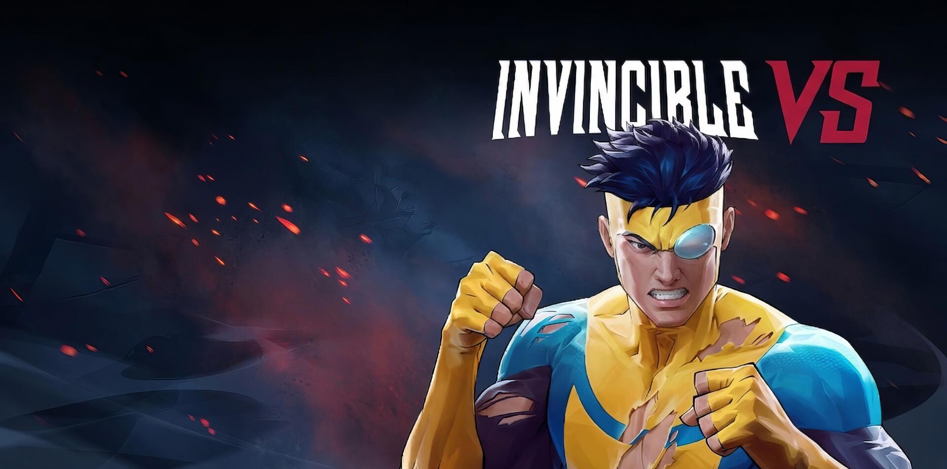 2K Quad HD PC desktop wallpaper for a video game: Mark Grayson from Invincible VS in a battle-ready pose, fists raised amid smoky embers with the Invincible VS logo.